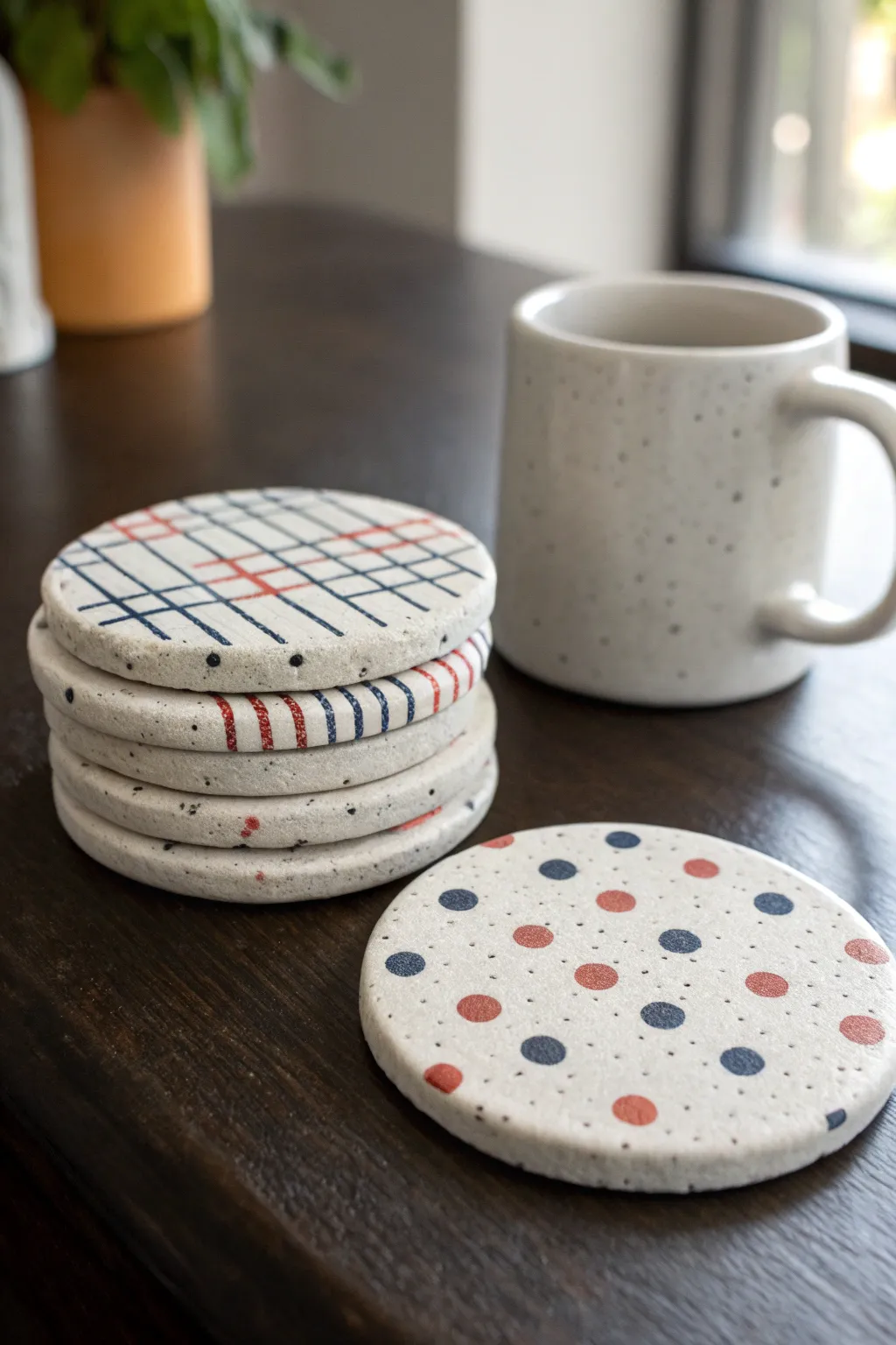 Modern DIY clay coasters in bold patterns, stacked neatly for a cozy Scandinavian coffee table.