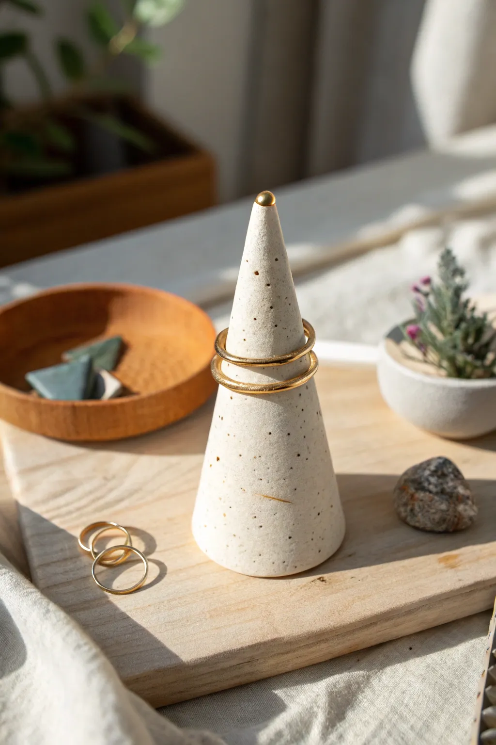 Minimalist DIY clay ring holder cone with warm sun shadows and a soft sculptural stand behind