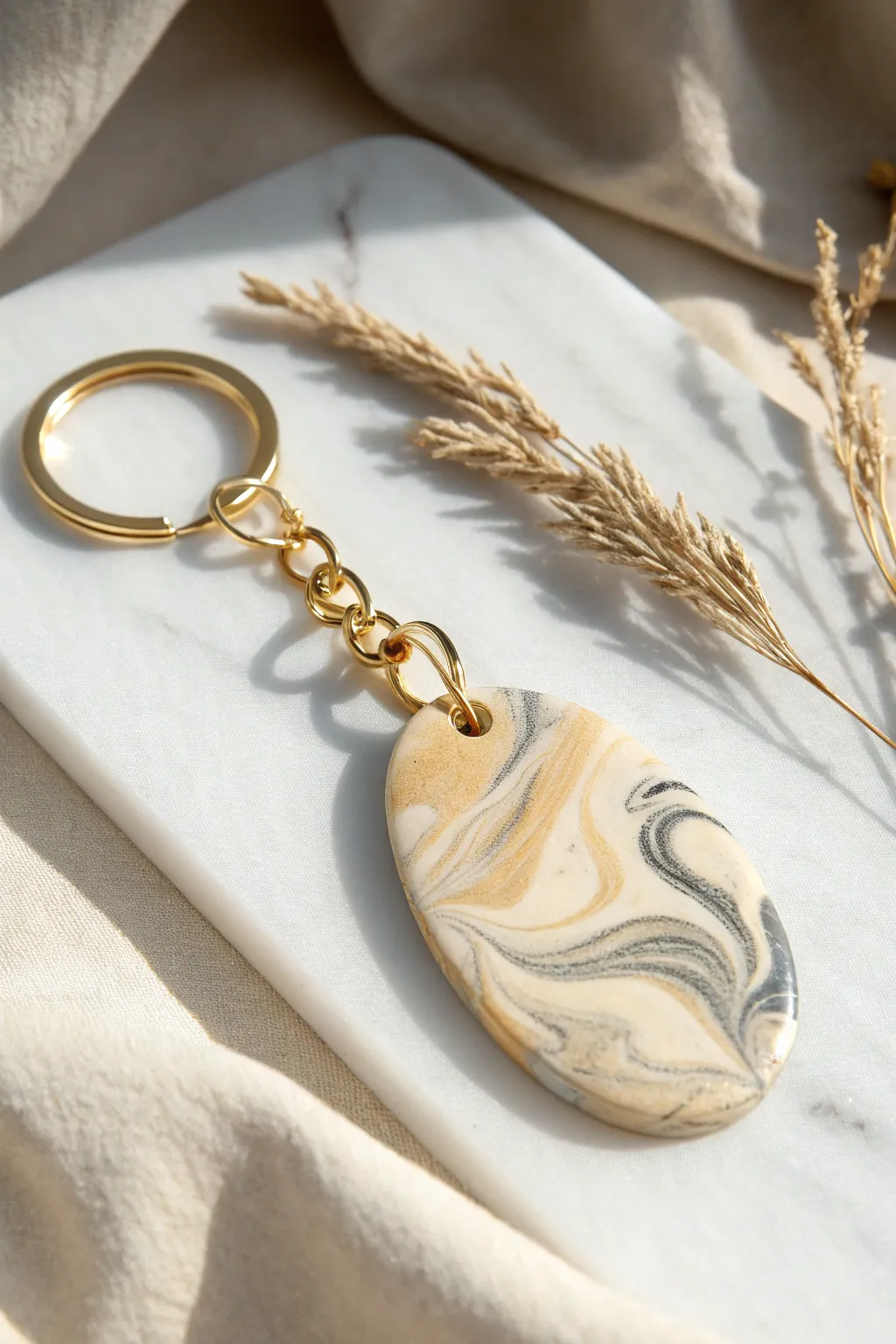Glossy marble swirl oval clay keychain with simple gold hardware, an easy DIY statement piece.