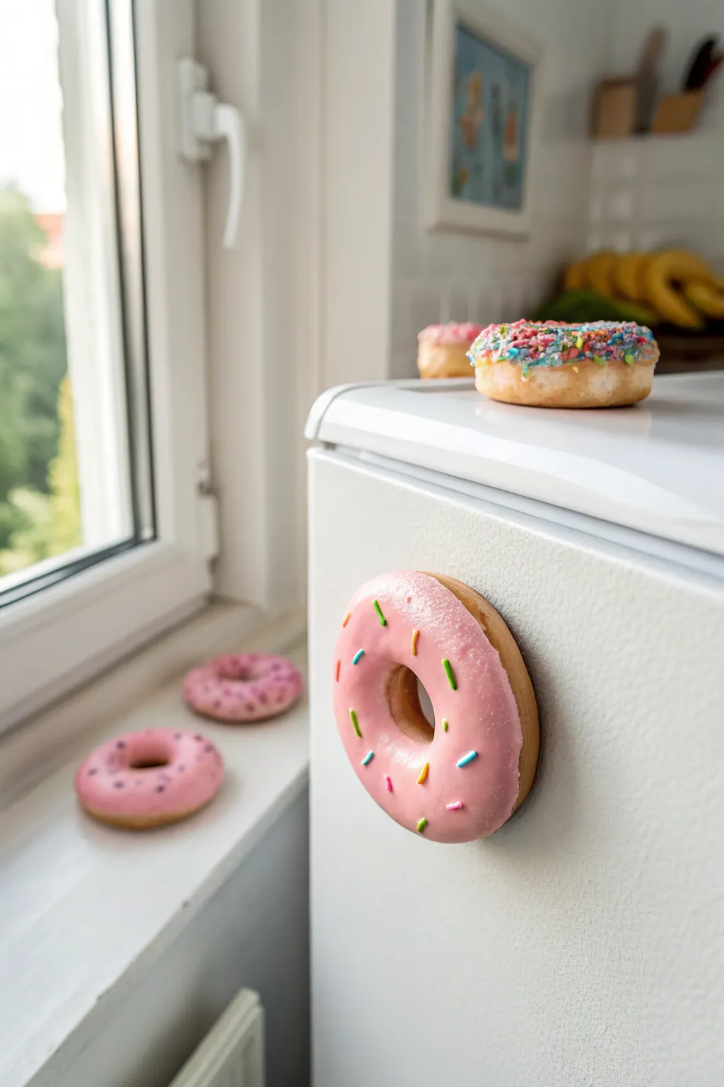 Pastel donut magnet with simple sprinkles, styled minimalist for easy DIY fridge decor inspiration.