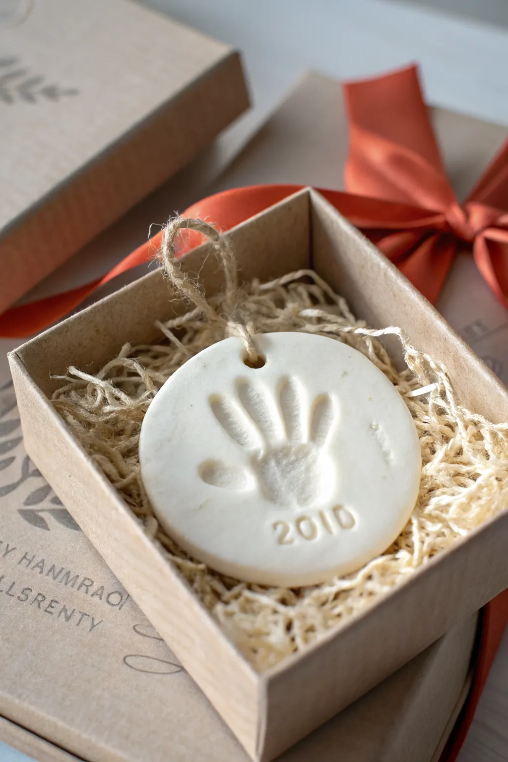 Soft matte handprint clay ornament in a ribboned gift box, minimalist keepsake for the year