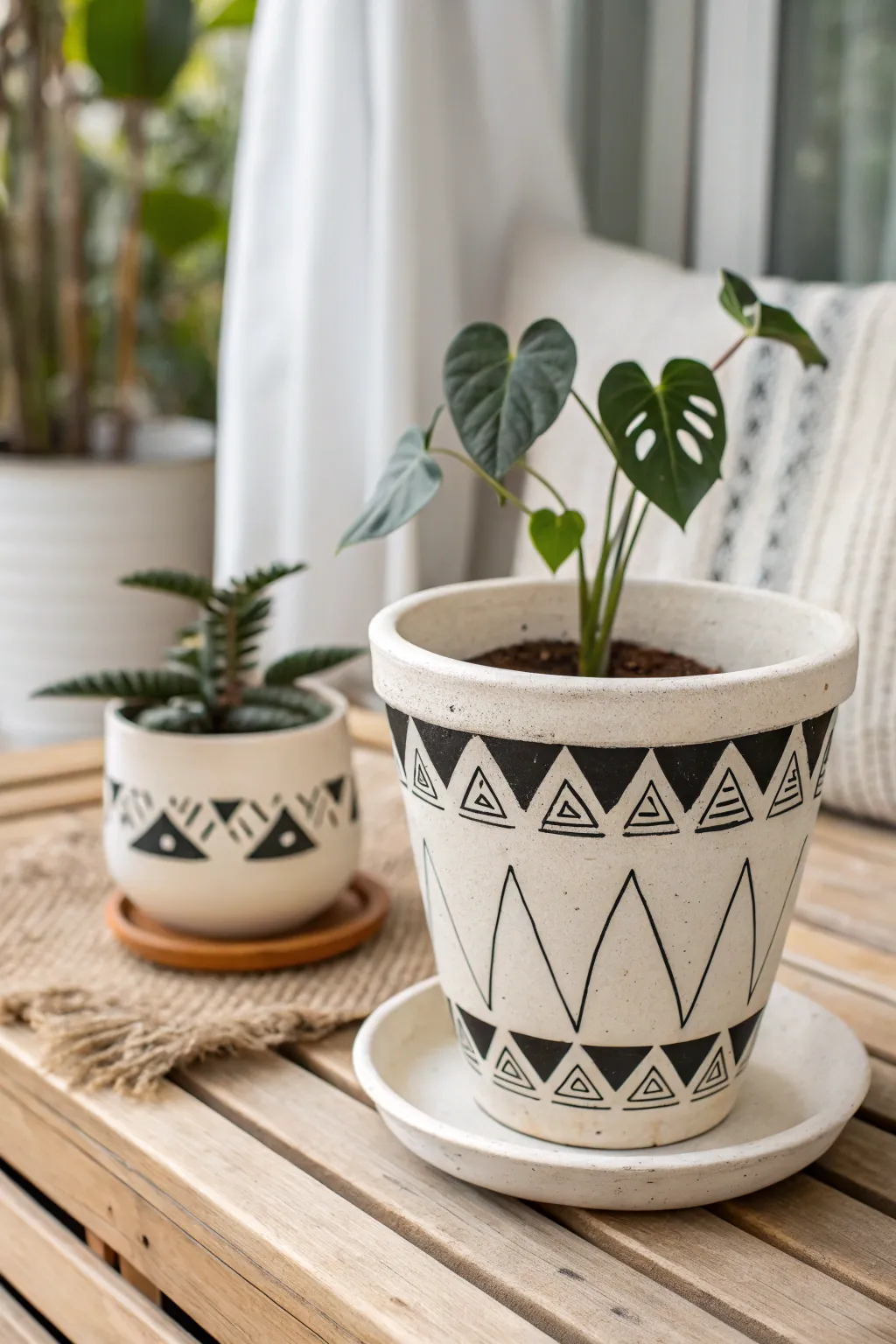 Crisp black-and-white geometric stencil turns a simple clay pot into modern patio decor.