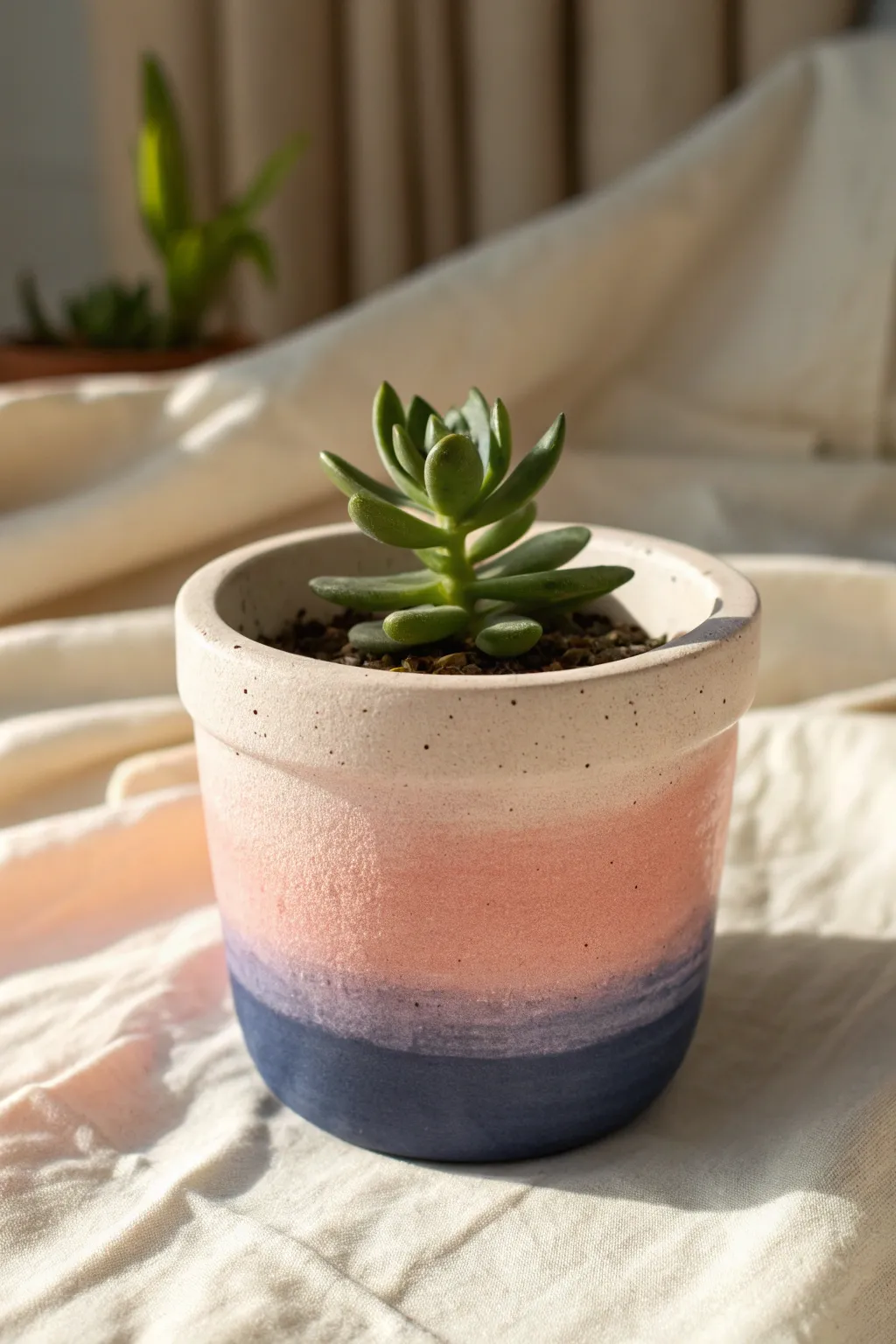 Soft ombre clay pot painting idea: blush-to-indigo fade with a simple succulent for modern boho charm.