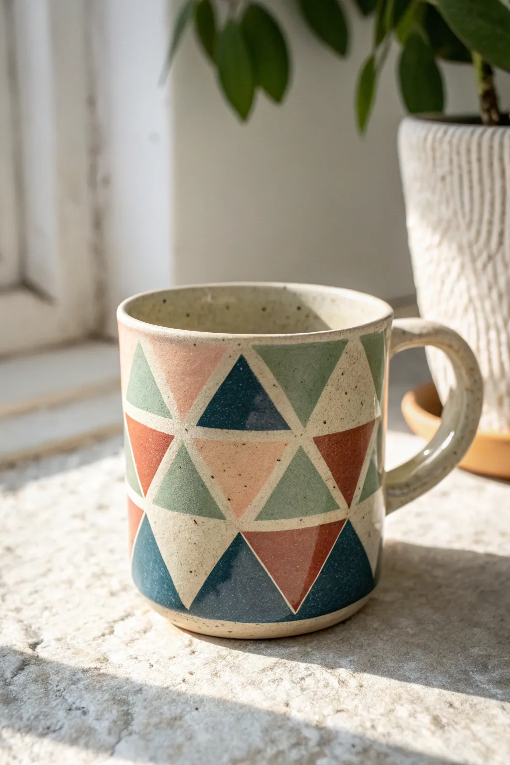 Geometric tape-block mug with crisp triangles and rectangles in muted tones plus a bold accent