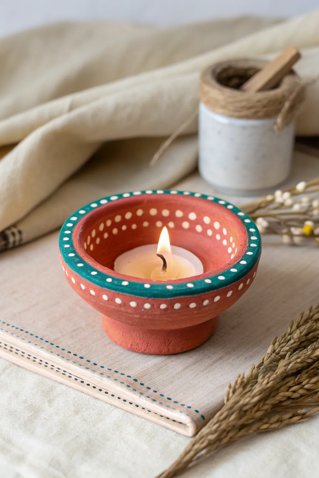 Beginner friendly diya with bold two-tone rim and sweet polka dots for a playful finish