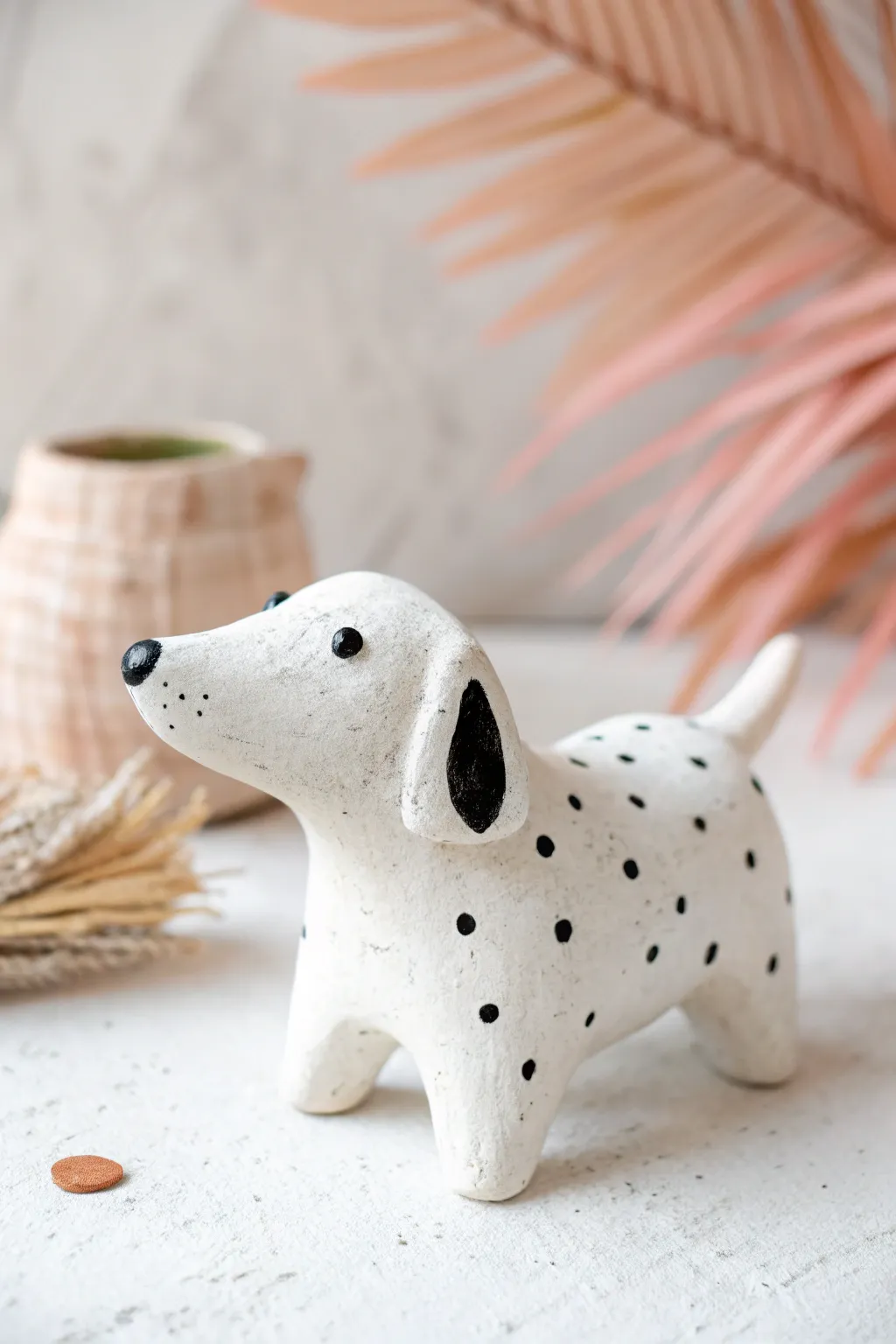 Simple white clay dog with bold black dots on a soft pastel backdrop for easy, cute decor