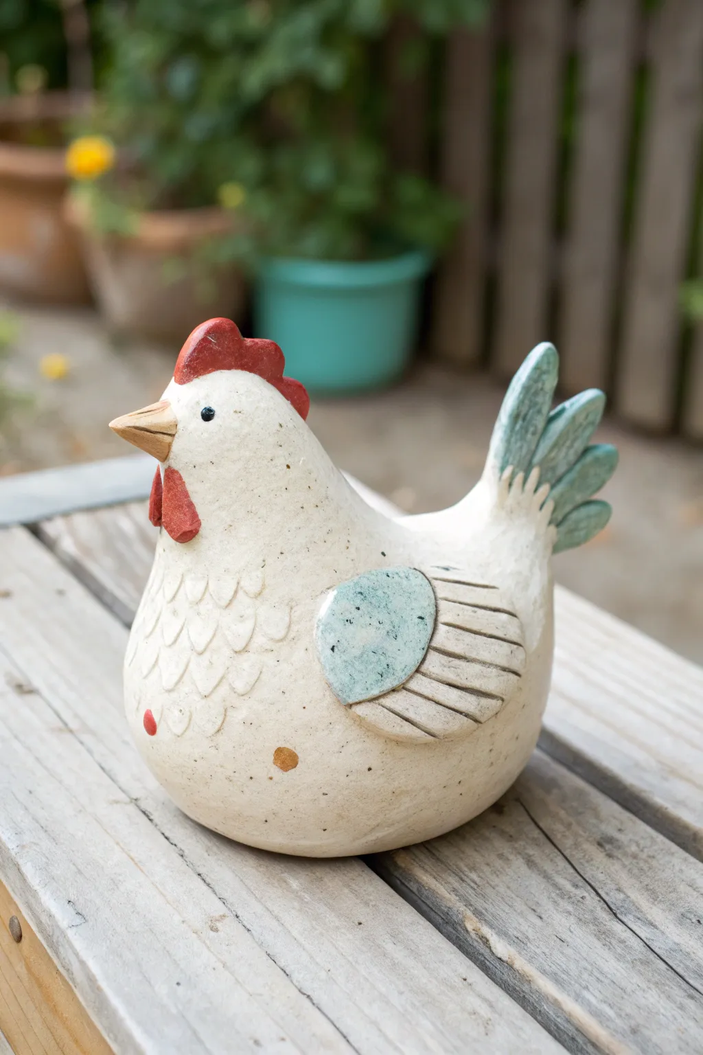 Plump double pinch pot chicken with tiny wings, playful color pops, minimalist Scandinavian mood.