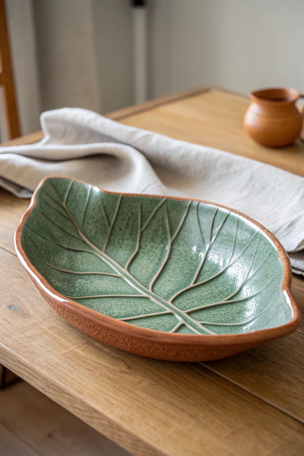 Leaf-shaped drape platter with subtle veins, a simple handmade statement for serving or decor.