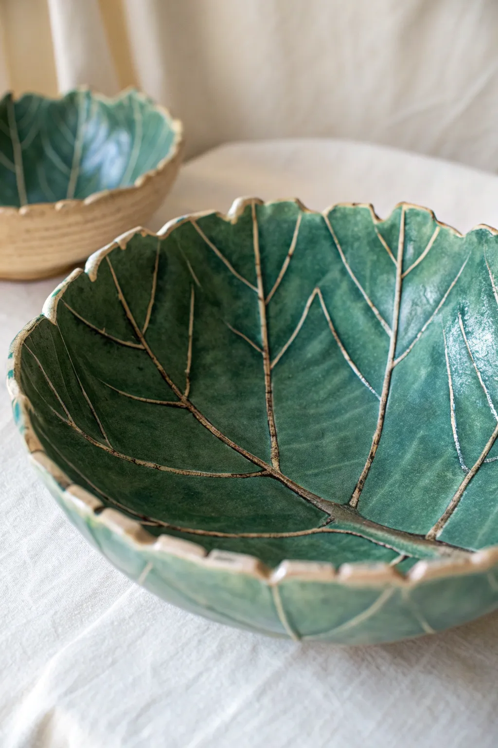 Emerald drape-mold leaf bowl with overlapping segments and crisp vein texture