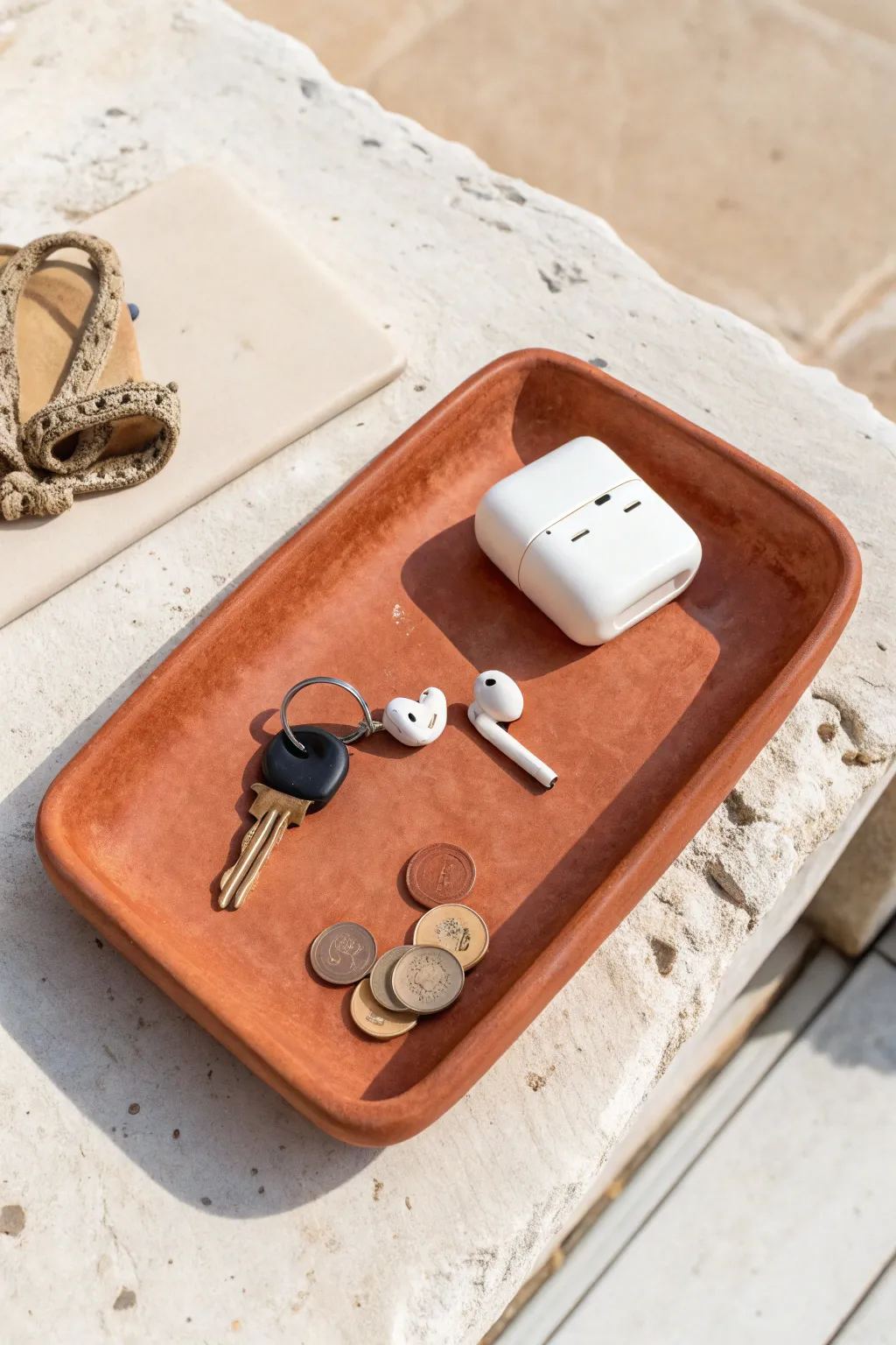 Minimalist terracotta air-dry clay catchall tray for keys, earbuds, and coins on stone
