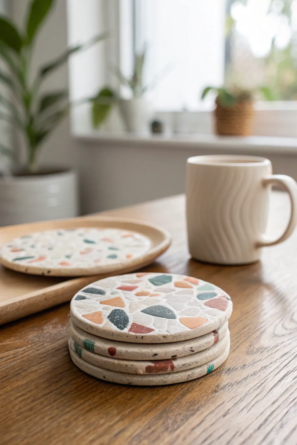 Beginner-friendly air-dry clay terrazzo coasters with a calm Nordic look and bold speckles