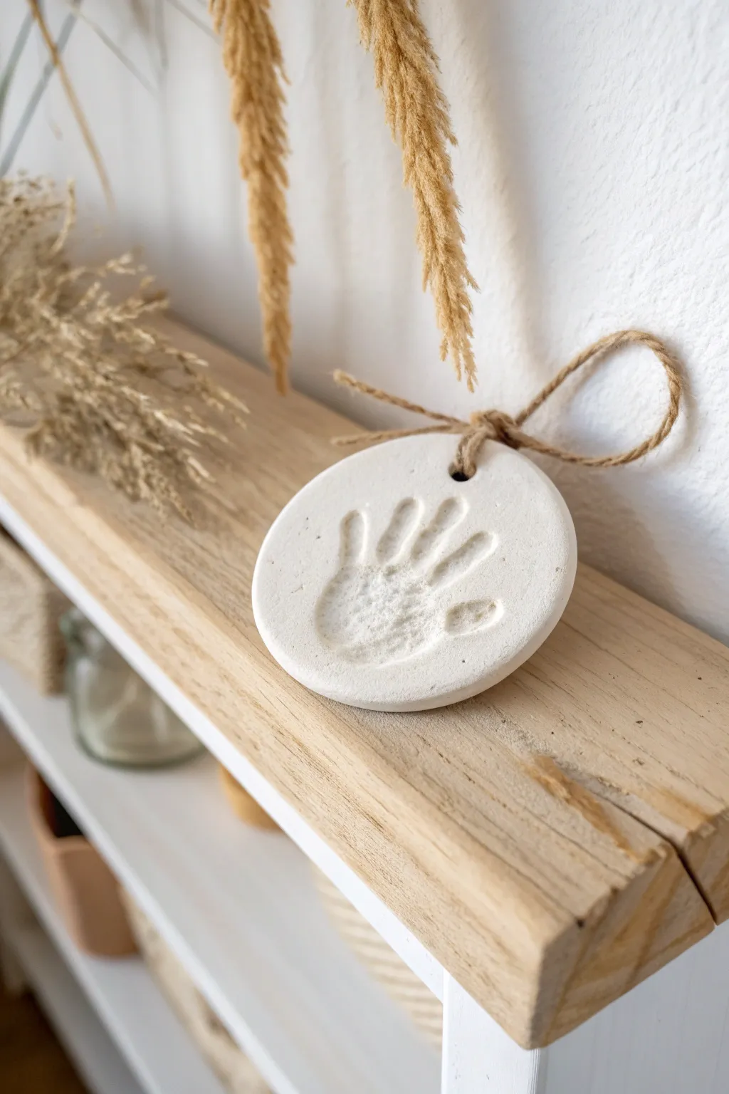 Sweet fingerprint keepsake disc in soft pastels, a simple air-dry clay project kids can make.