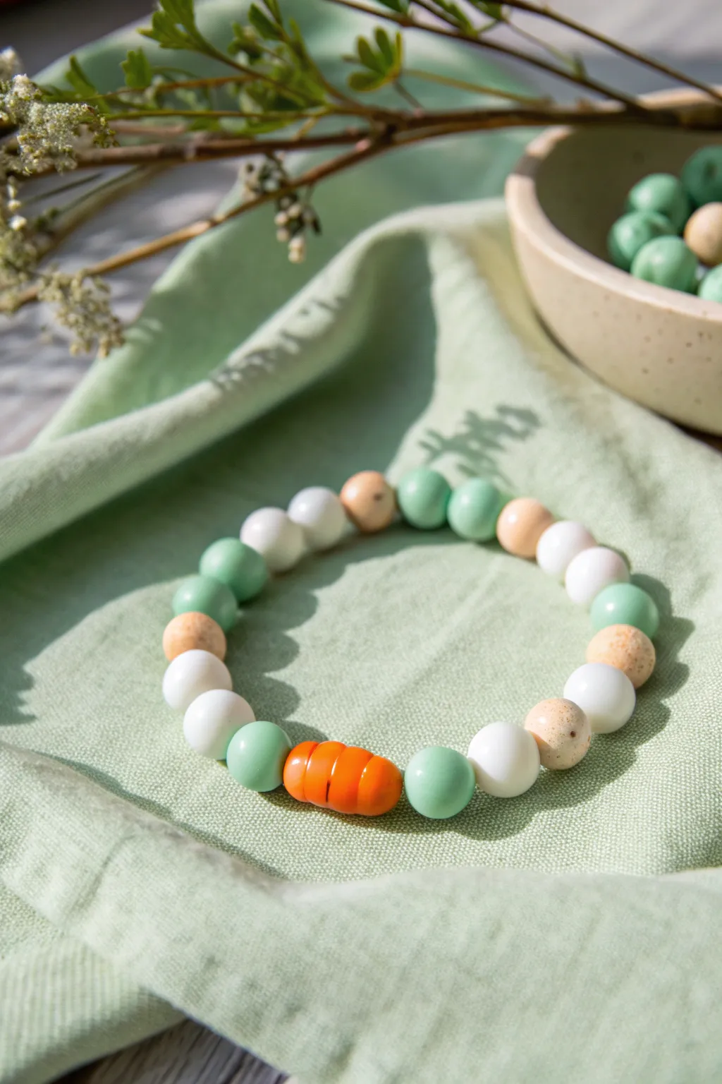 Mint, white, and carrot-pop beads make a sweet Easter bracelet with simple handmade charm.