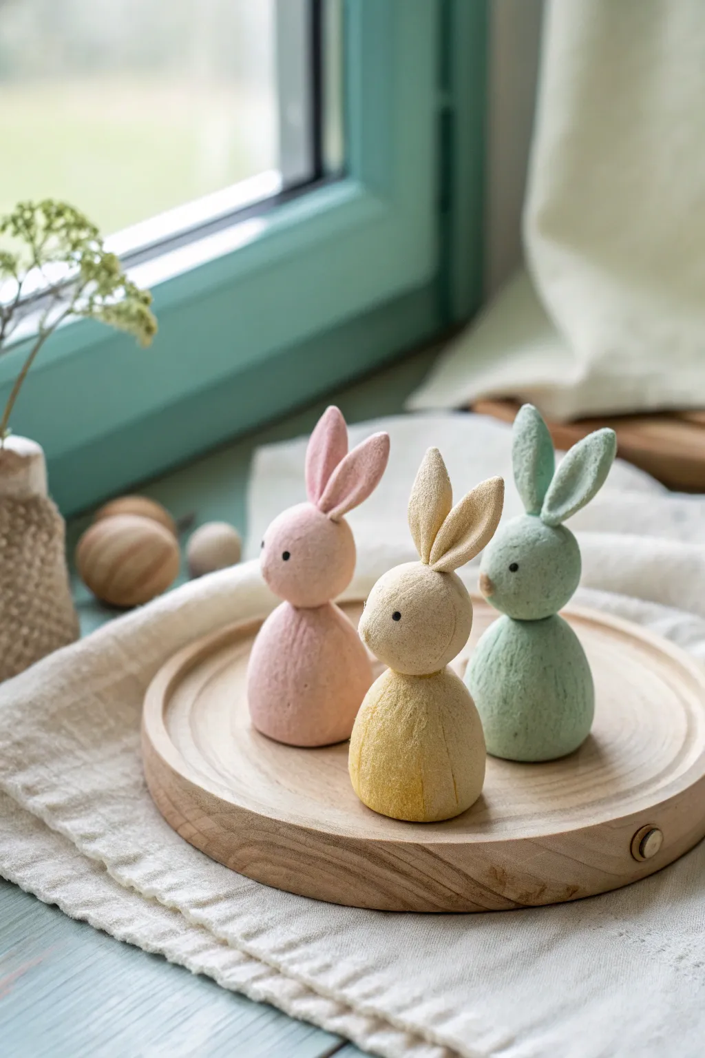 Beginner clay bunny trio in blush, sage and butter yellow, minimalist Easter decor.