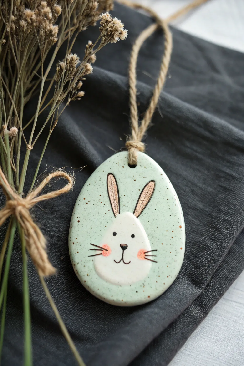 Sweet bunny egg medallion in soft pastels, an easy Easter clay craft kids can proudly show off