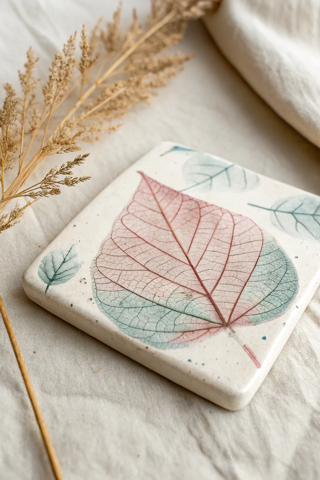 Leaf and flower imprint tile with soft watercolor wash, a simple air clay project kids can love
