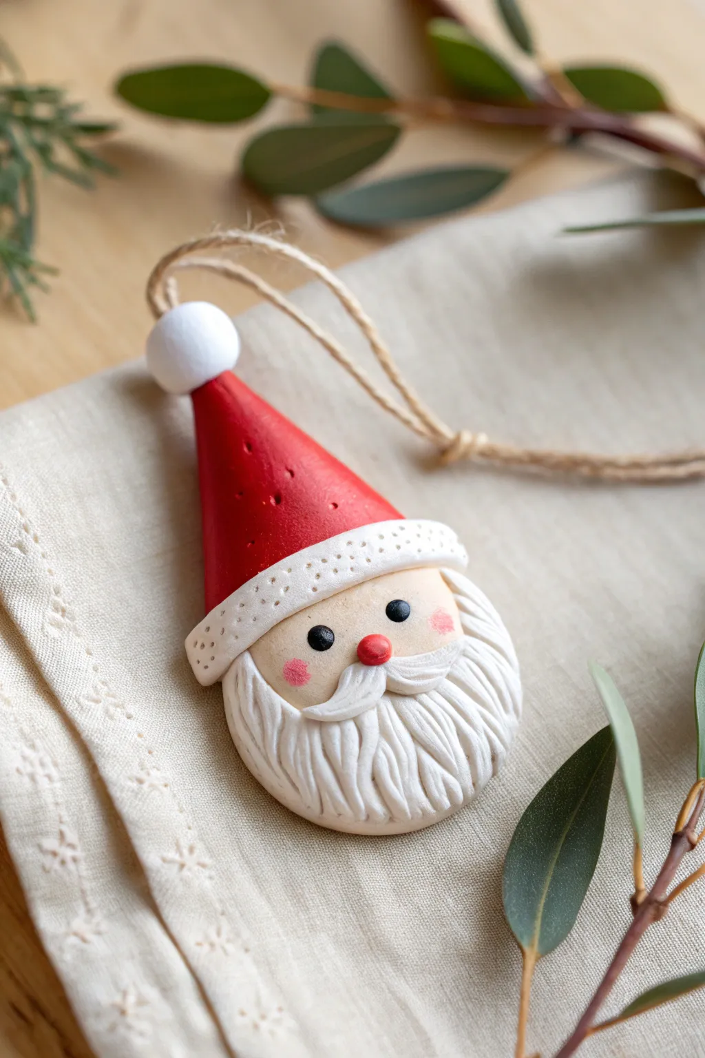 Mini Santa face air dry clay ornament in bold red and white, simple, cozy, and beautifully handmade