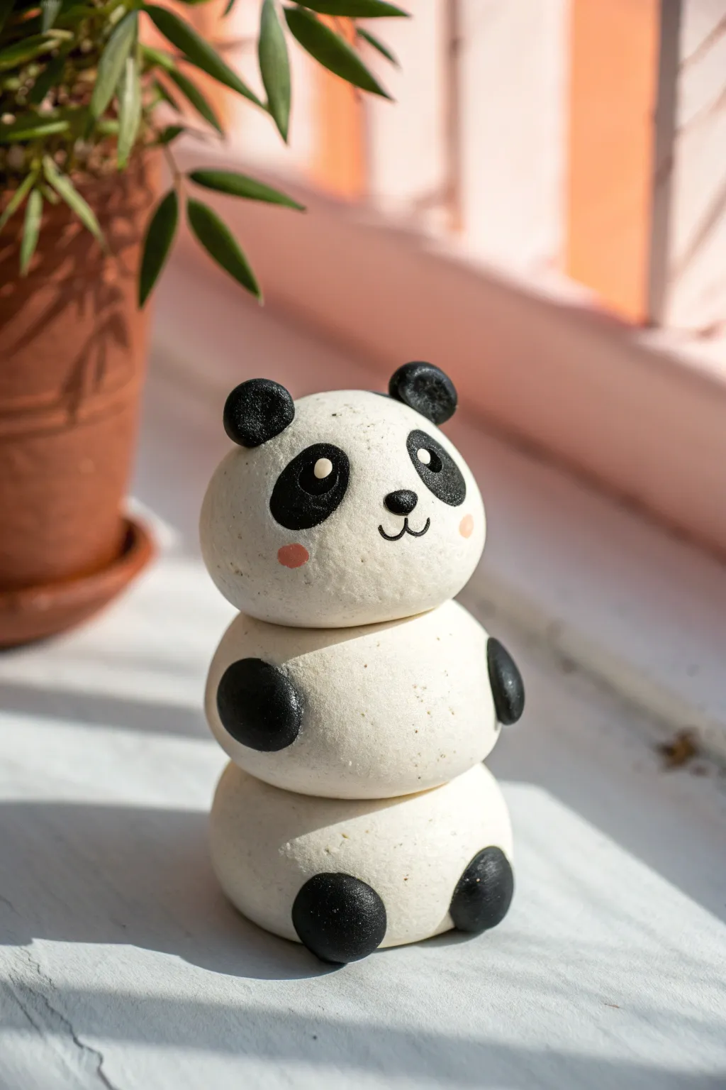Easy air-dry clay panda from two ovals, minimalist and cute with bold contrast on blush backdrop.