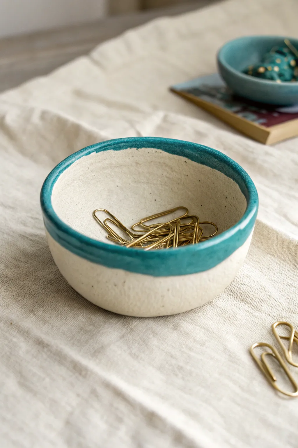 Beginner pinch pot bowl in air dry clay with a bold rim, perfect for clips or tiny jewelry