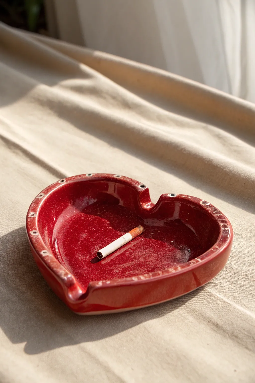 Glossy heart-shaped air-dry clay ashtray in bold red, minimalist boho accent for your space.