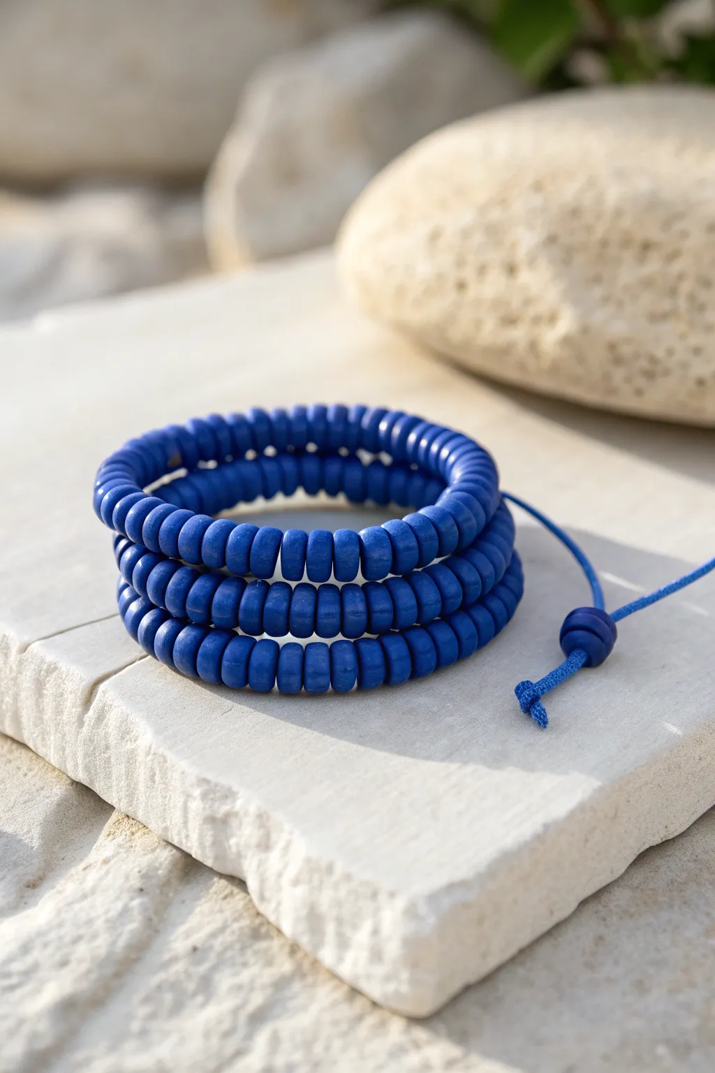 Monochrome clay disc bead stack in bold cobalt blue for a clean, modern bracelet look