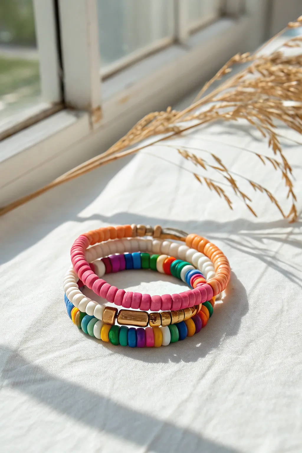 Rainbow-order clay heishi bracelets stacked for an easy, cheerful DIY bead idea.