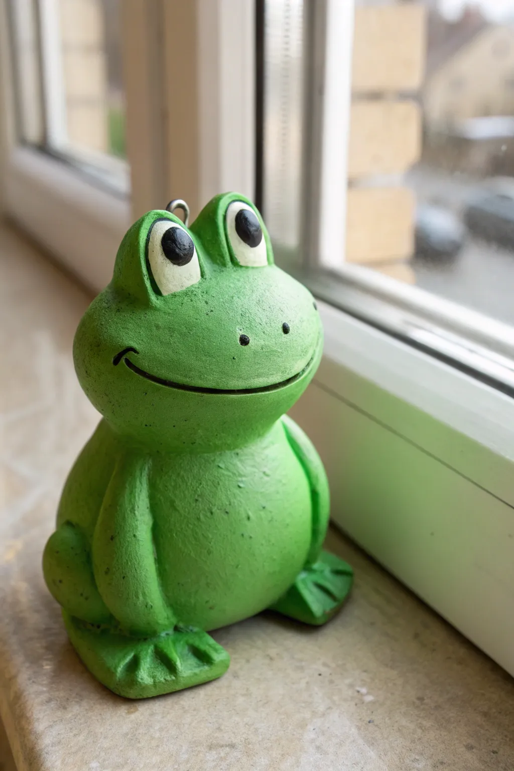 Smiley green frog clay bobblehead with raised eyes, wide grin, and a clearly visible head gap.