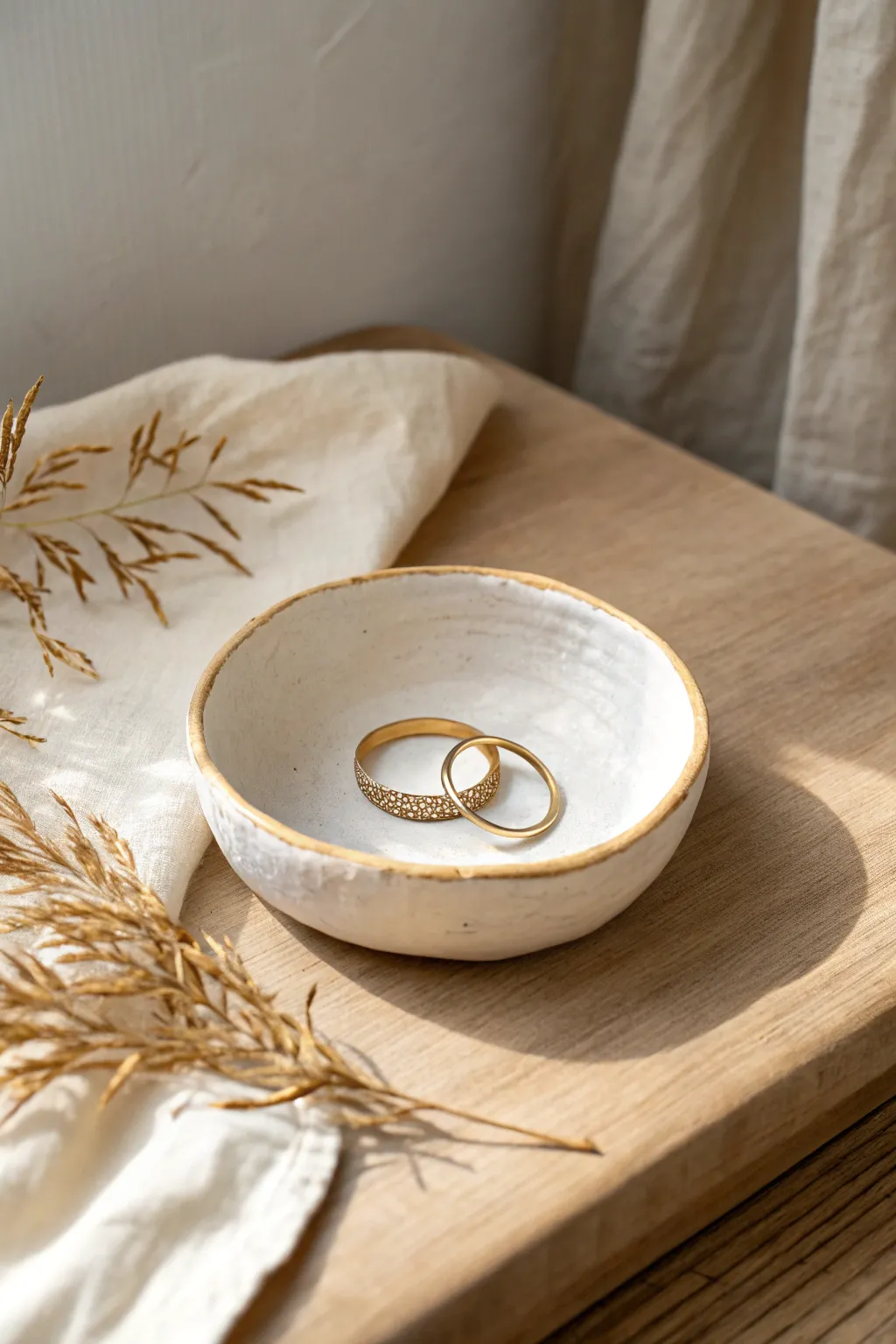 Minimal clay jewelry bowl with a thin gold rim, styled with stacked rings in soft daylight.