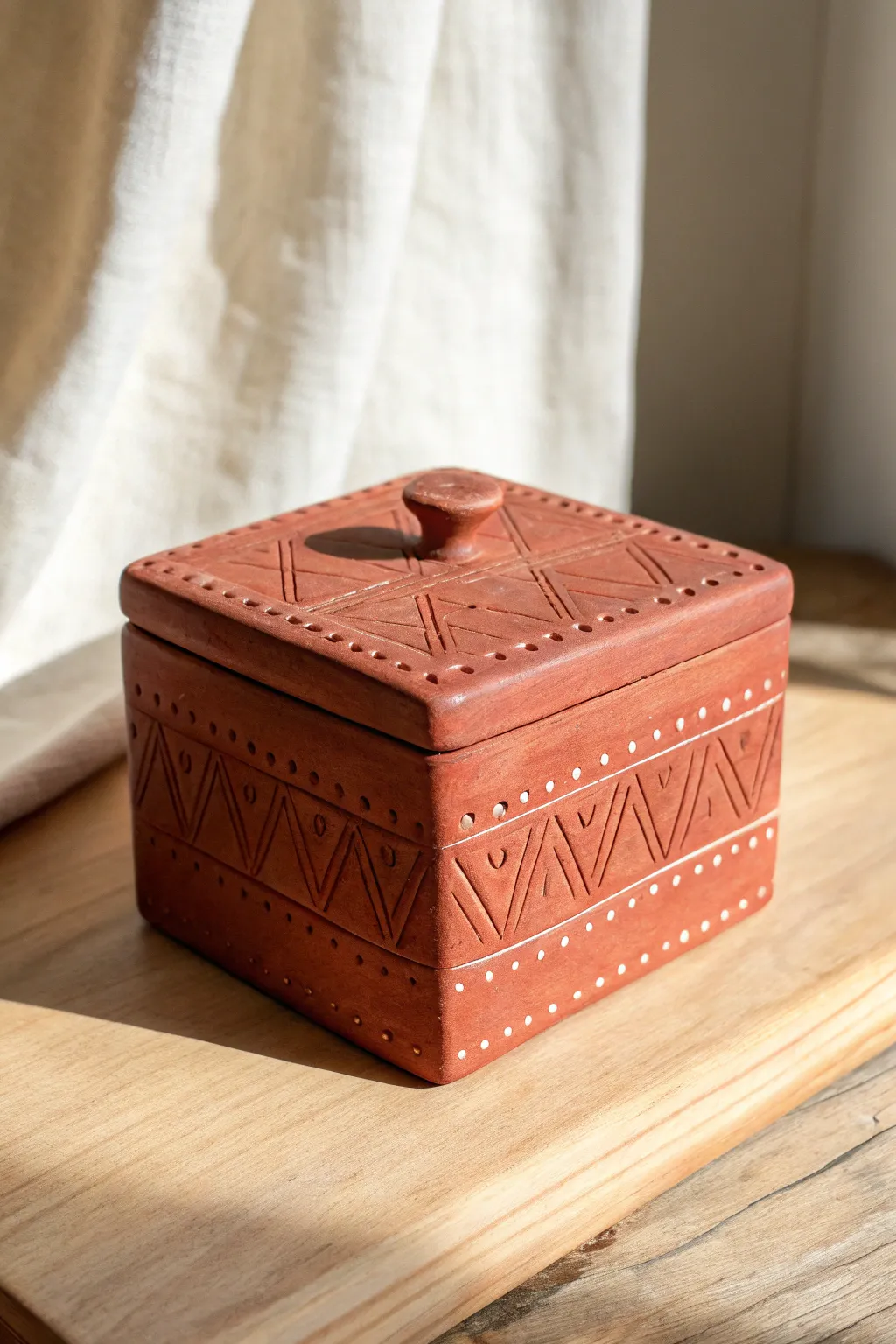 Textured slab box with bold terracotta finish and patterned sides for an easy handmade look