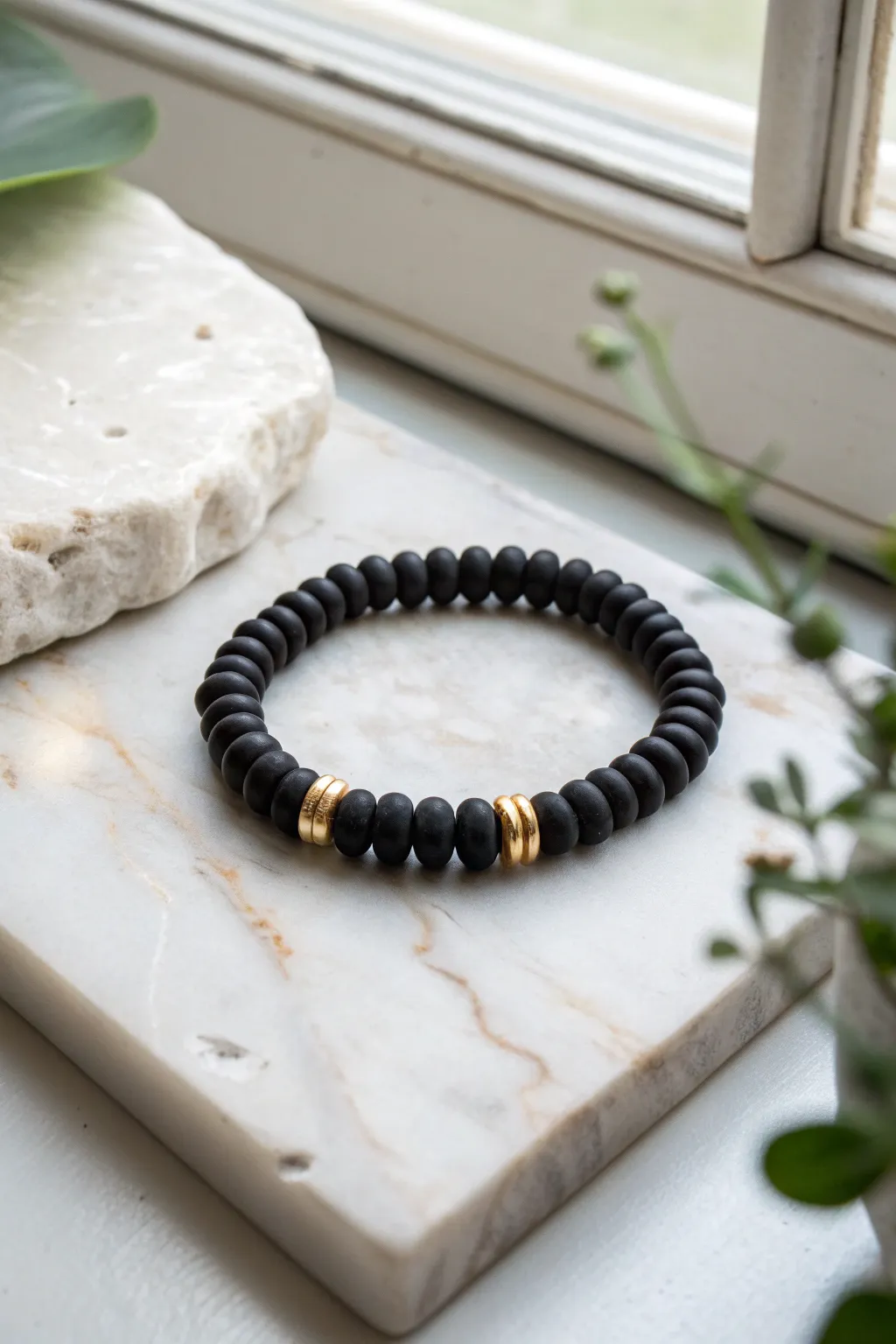 Matte black heishi clay bead bracelet with two brass spacers, minimalist Scandi-boho style.