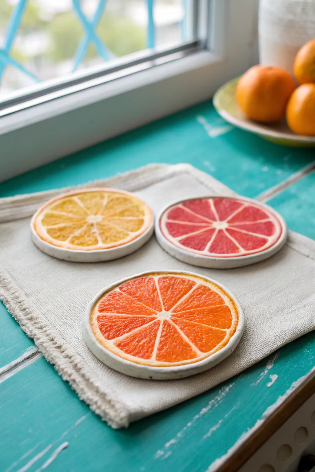 Bright fruit-slice clay coasters that add a bold pop of color to your minimalist coffee table