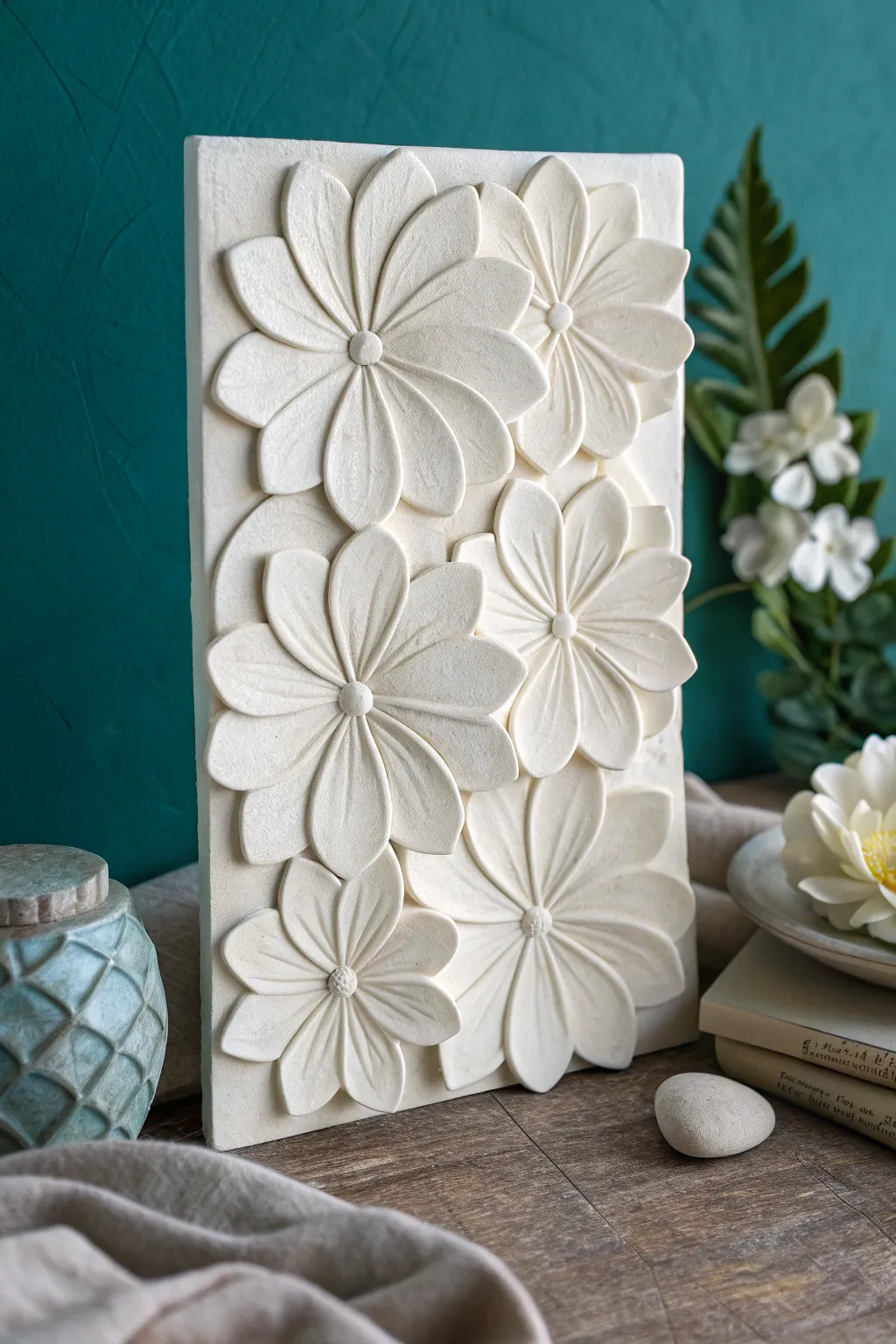 Simple white clay layered flowers in 3D, clean and modern with bold contrast for easy inspiration