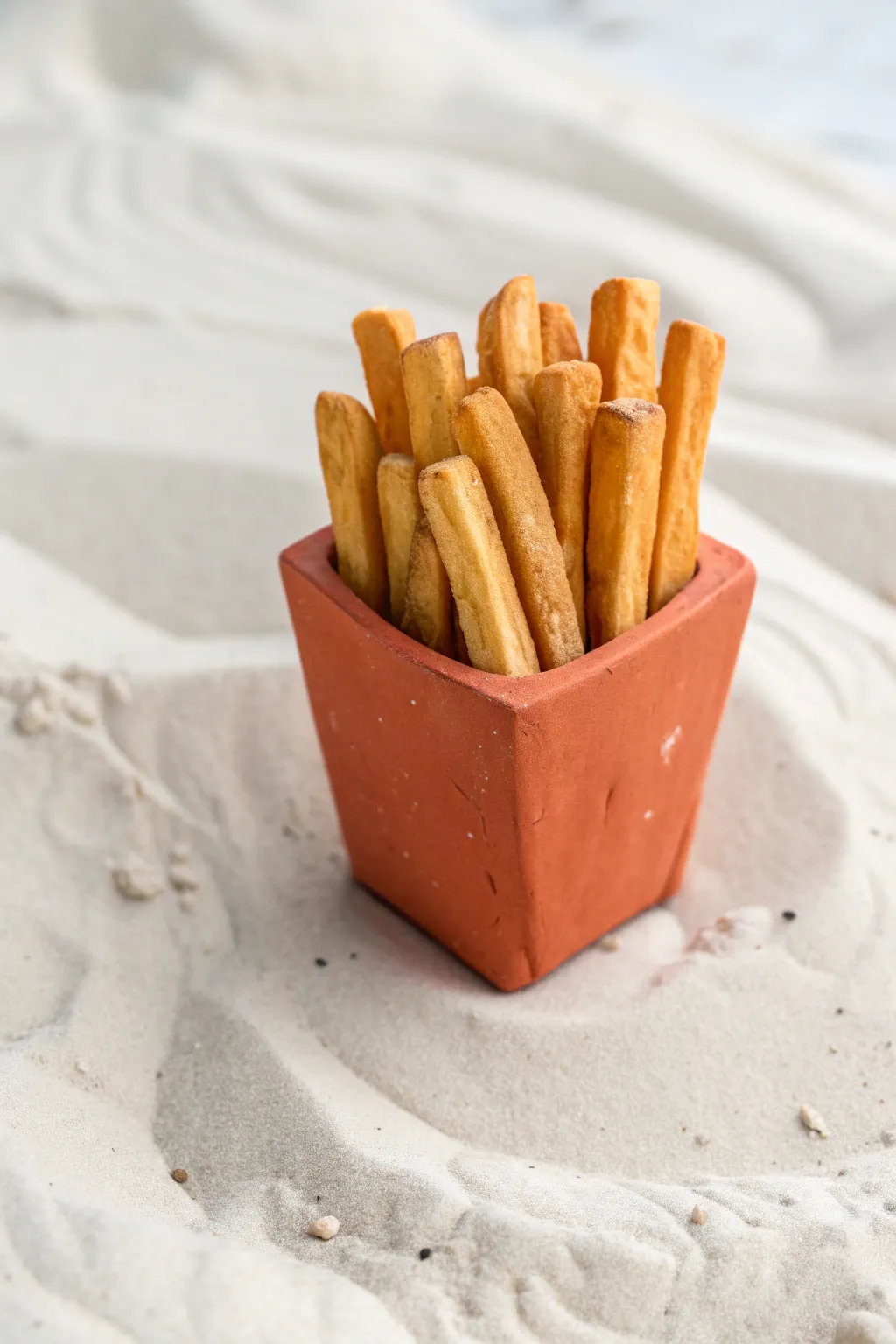Easy clay fries in a tiny folded holder, minimalist and playful, perfect beginner food pottery.