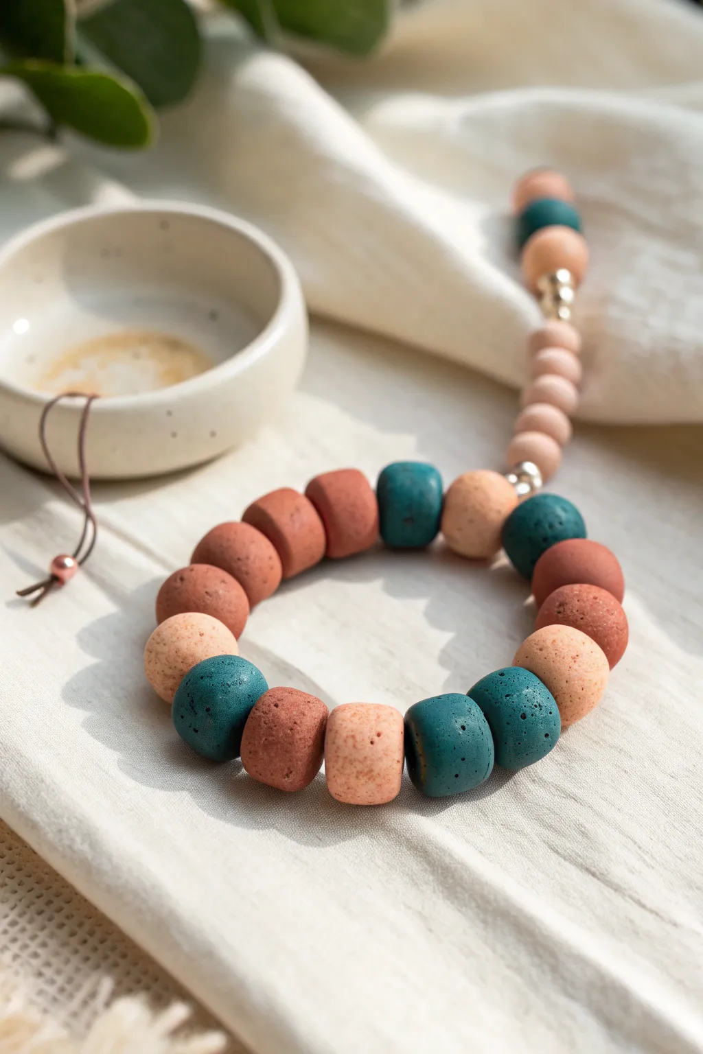 Chunky handmade clay bead stretch bracelet in modern earthy tones, simple and beginner friendly