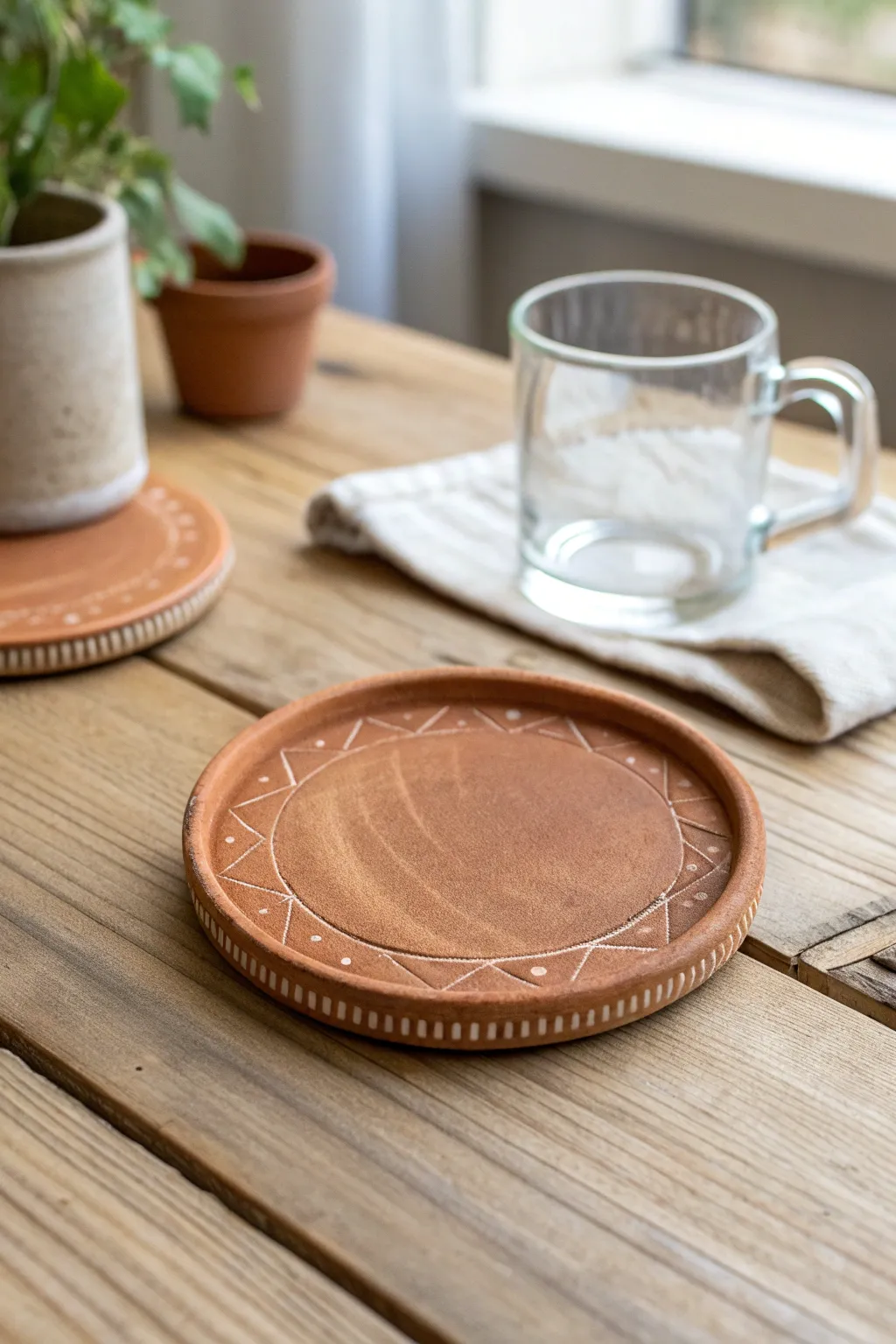Stamped clay coasters with subtle texture—minimal, boho, and easy to make for adults.
