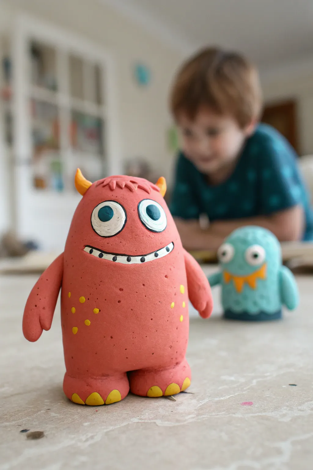 Palm-sized silly clay monster with big personality, bold colors, and easy kid-friendly shapes