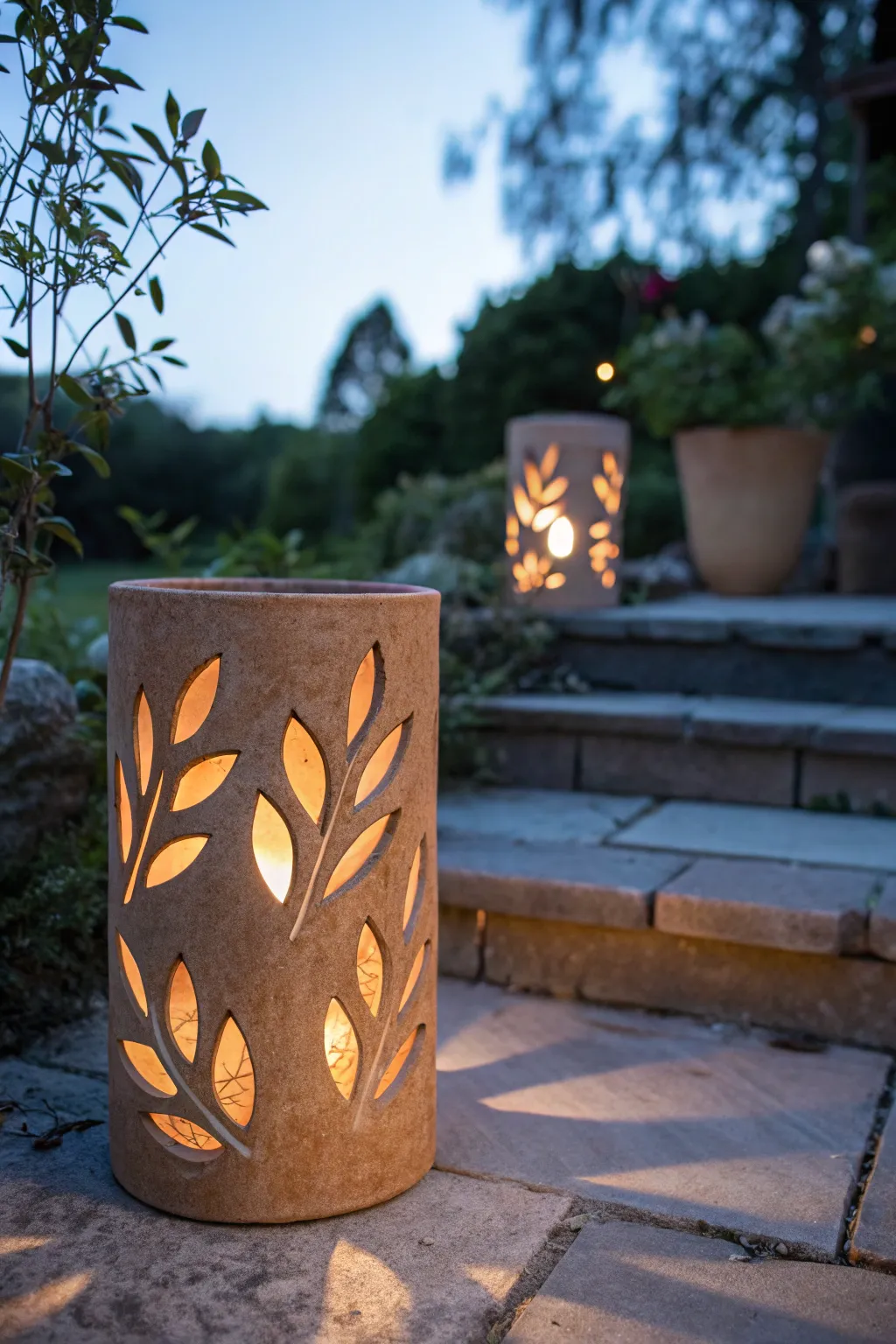 Leaf cutout clay lantern glowing at twilight, casting cozy botanical shadows on the patio step