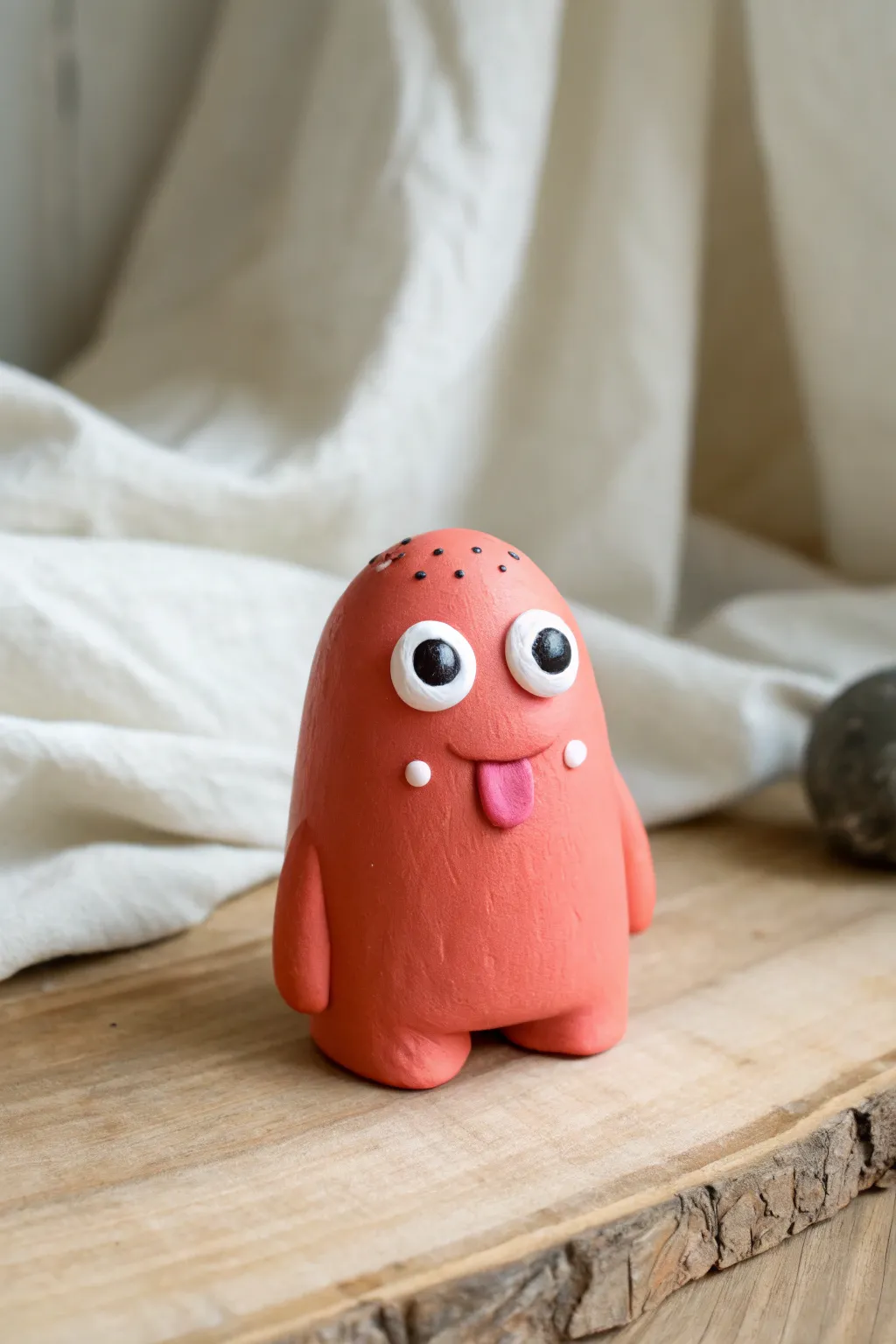 Cute three-eyed mini clay monster in bold coral, beginner friendly and perfectly minimalist-boho.