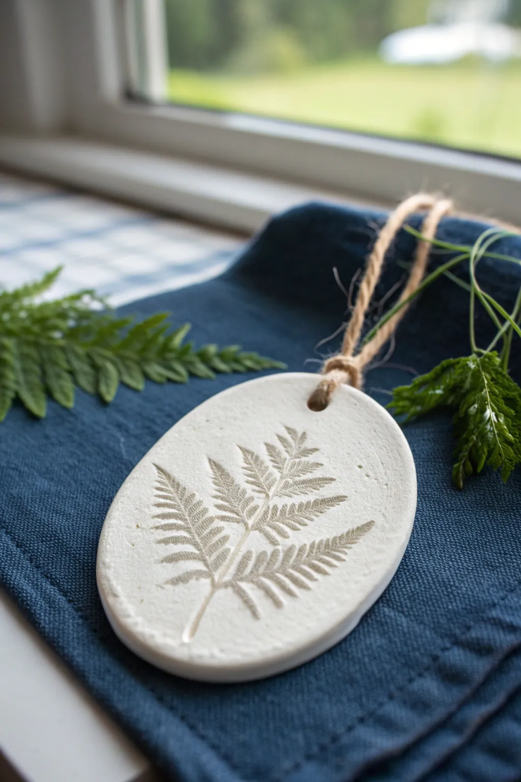Matte white leaf-imprint clay medallion with twine on deep linen, simple and botanical.