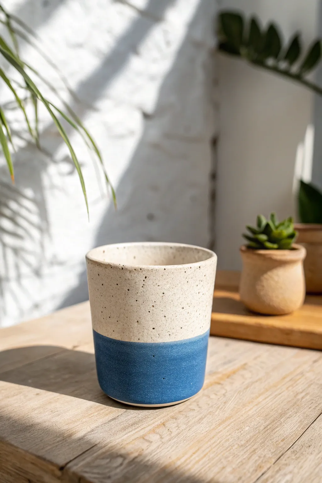 Half-dipped two-tone clay cup in bold blue and natural clay, crisp in bright daylight.