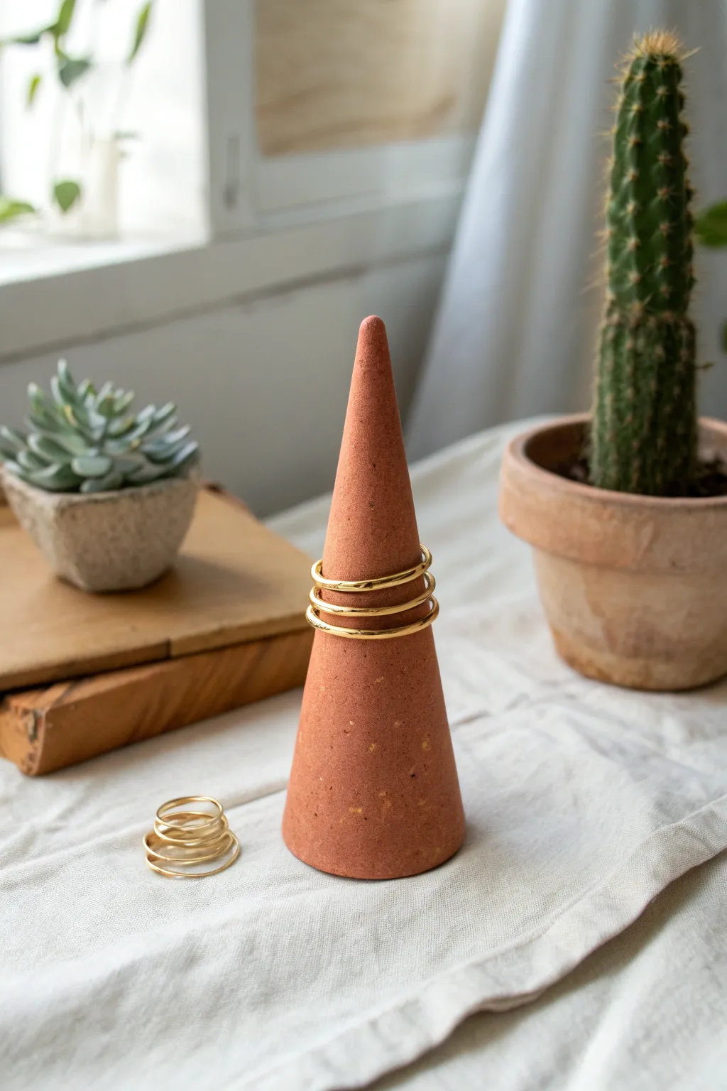 Minimal clay ring cone holder with stacked rings, Scandinavian calm with a boho cactus twist