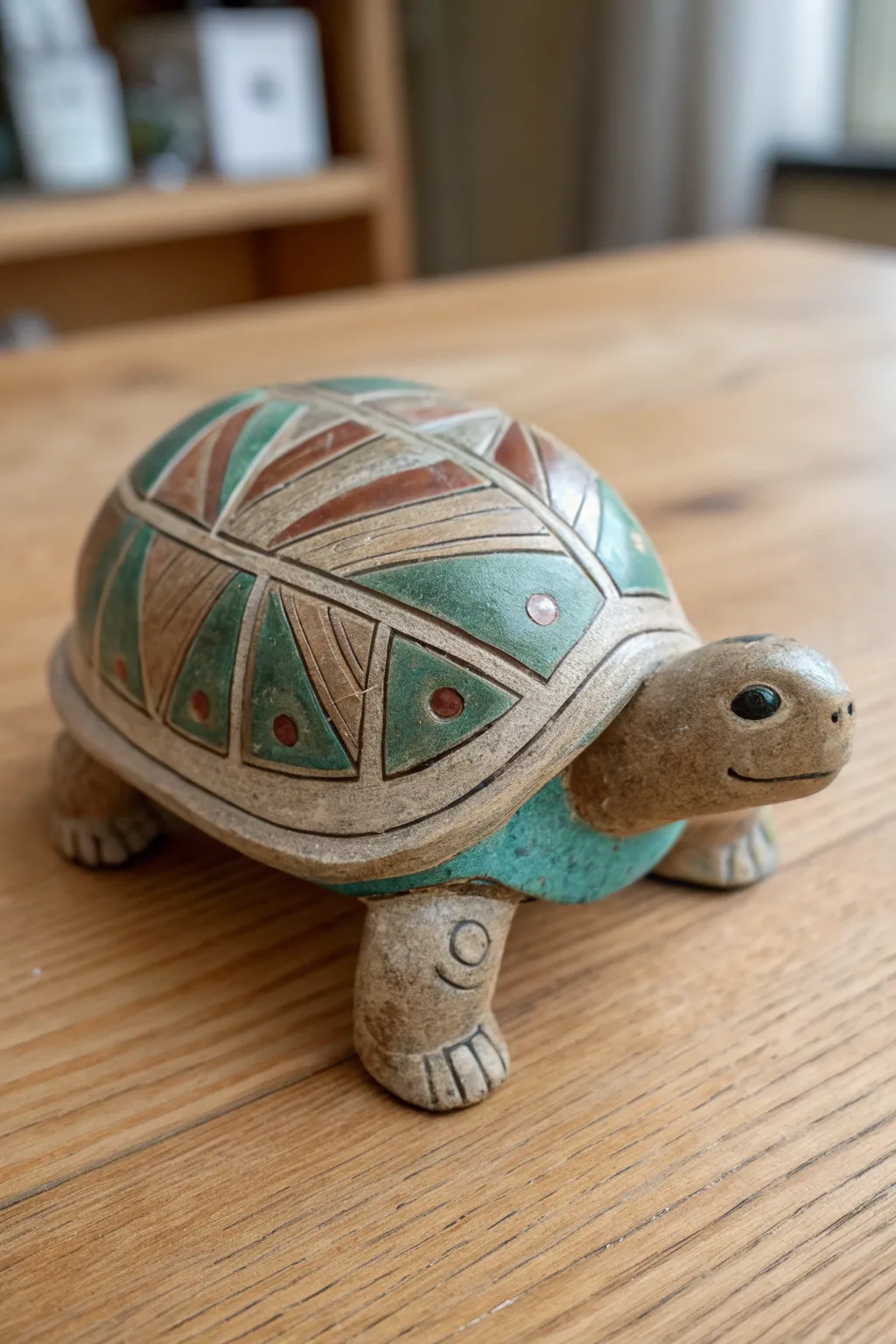 Chubby turtle shell clay rattle in earthy greens and browns, minimalist, sweet, and beginner-friendly