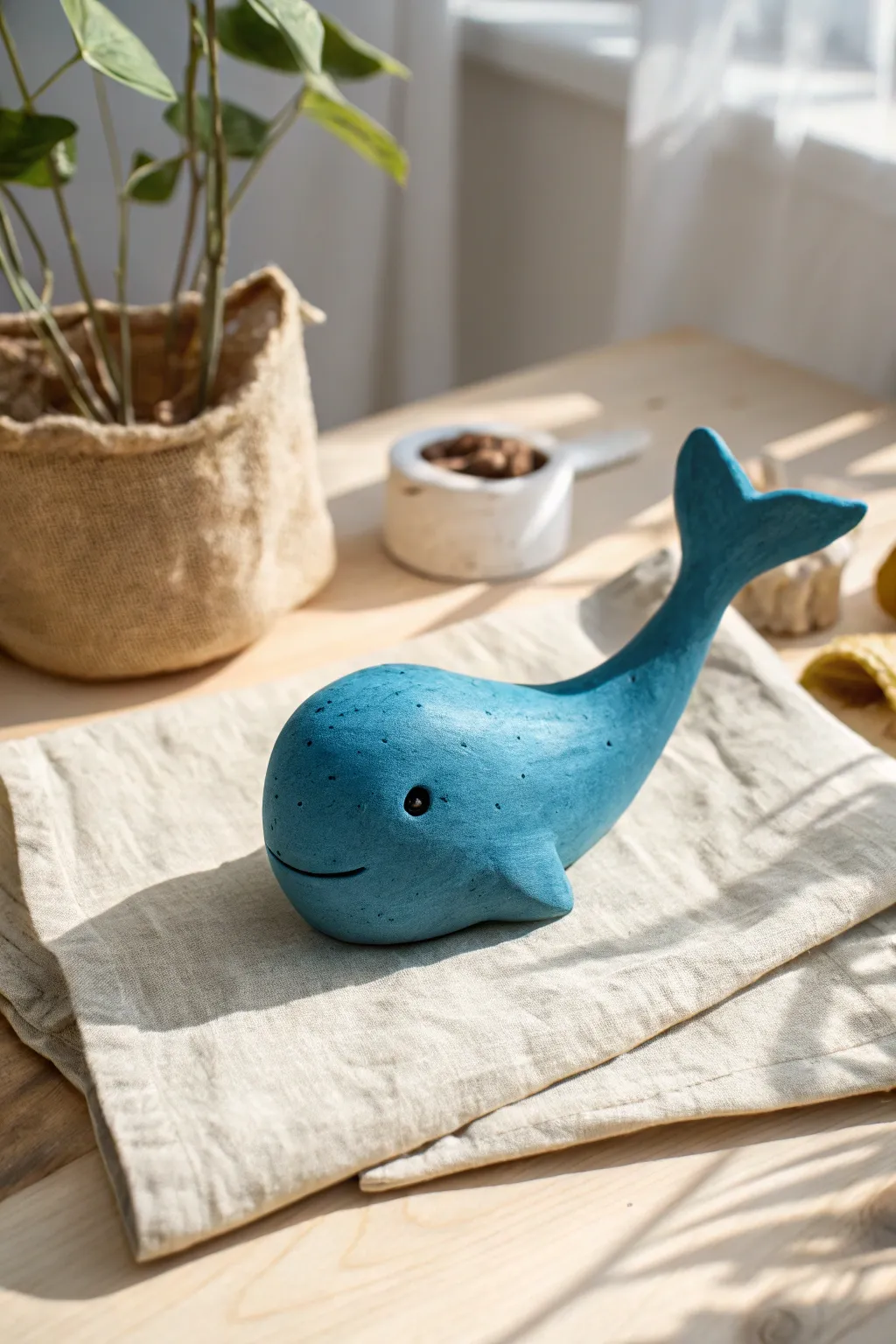 Tiny beginner friendly clay whale with a curved tail, minimalist boho look, perfect first sculpture.