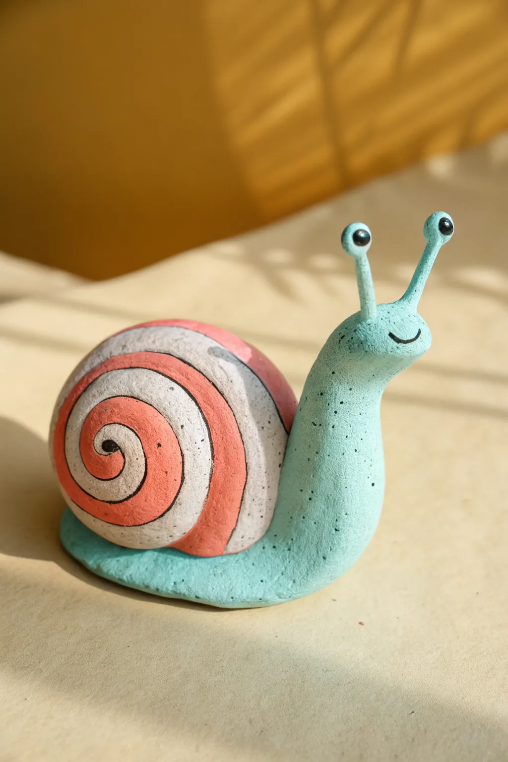 Sweet spiral-shell clay snail in bold boho colors, a simple kid-friendly sculpture idea.