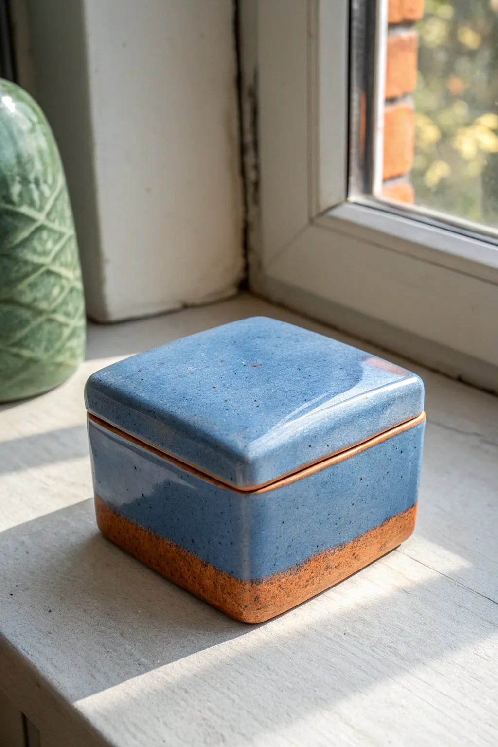 Minimal slab box with gallery lip seam, snug lid fit, bold glaze, crisp shadow, secure nest.
