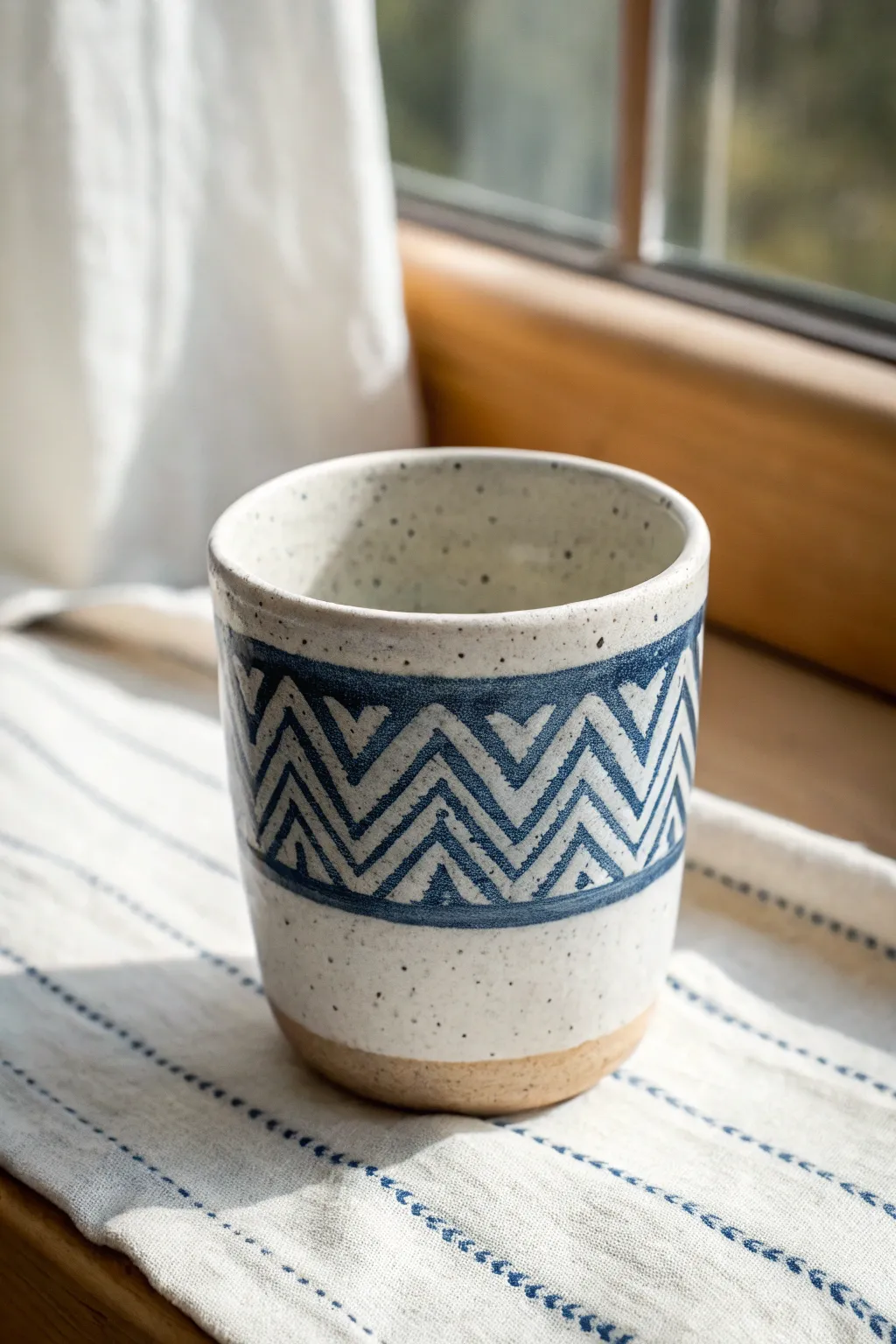 Bold chevron-stamped clay cup sleeve in minimalist Scandinavian style, easy DIY texture idea.