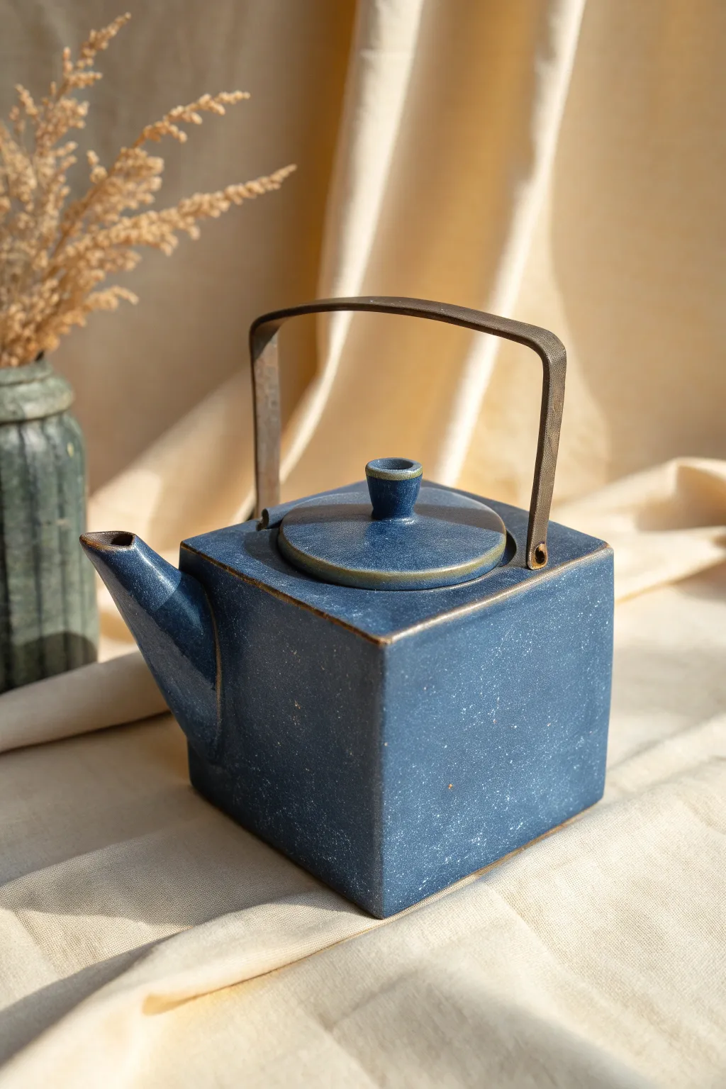 Minimalist slab-built boxy teapot in matte cobalt blue, an easy modern clay project to try.