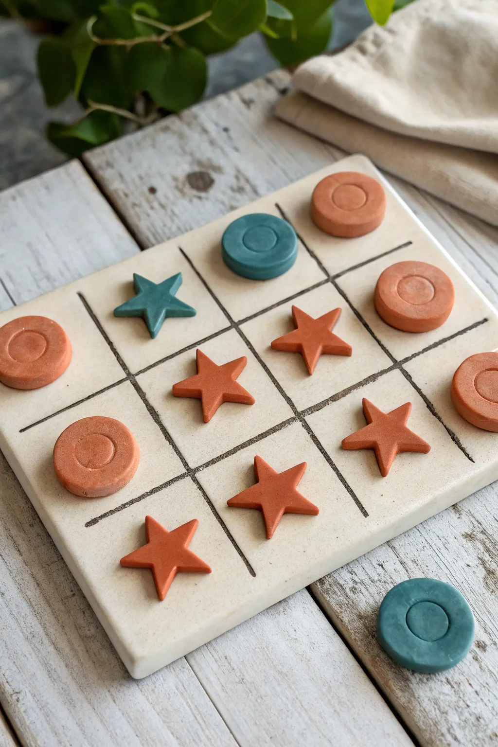 Minimal clay tic tac toe board with terracotta stars vs teal circles, simple and striking