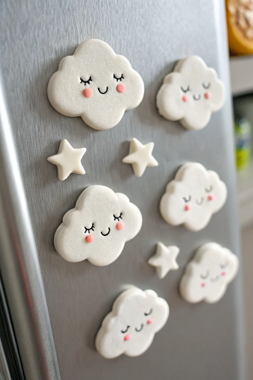 Sweet cloud and star clay magnets with blush cheeks, minimalist and charming on cool metal.