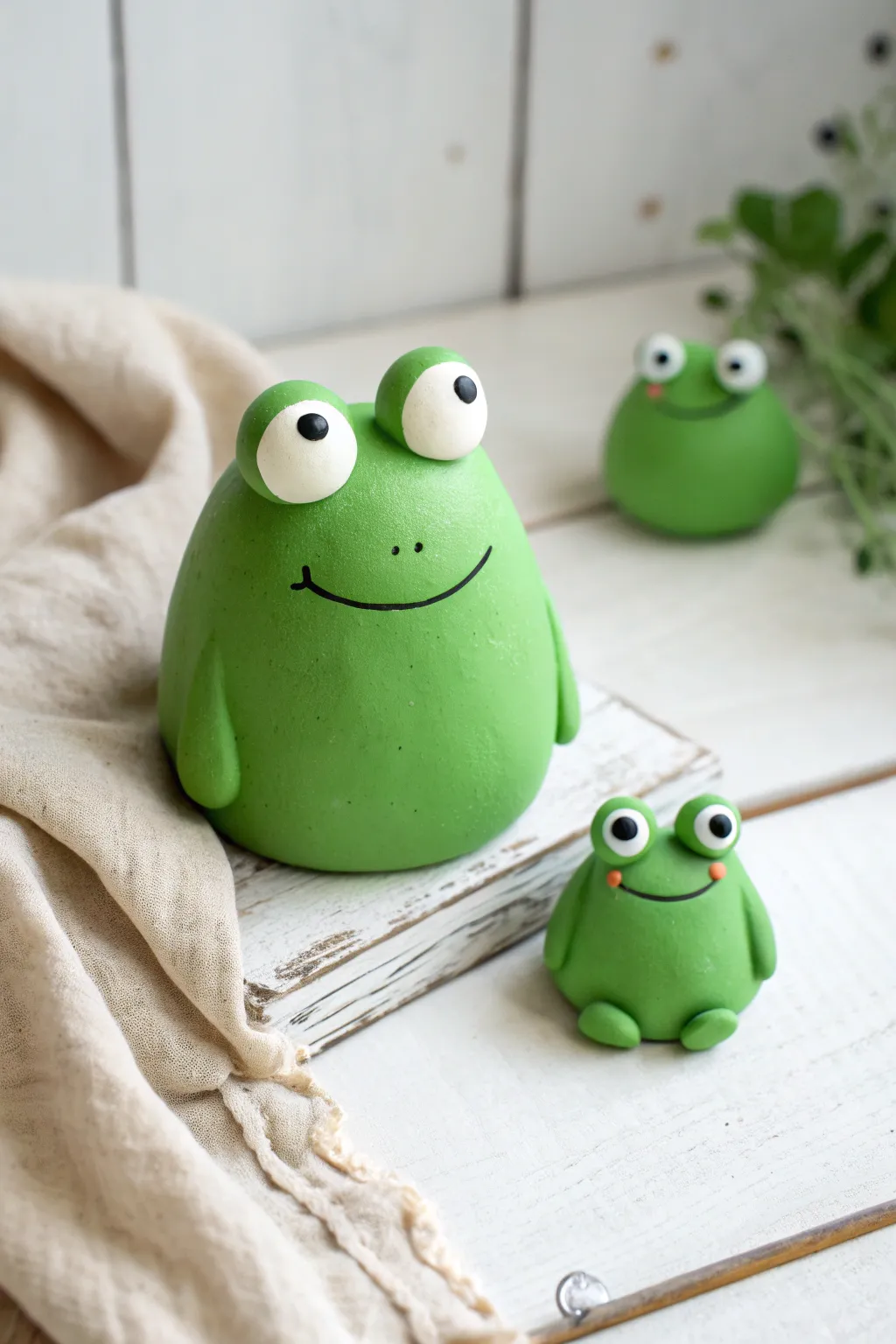 Two adorable blob frogs with big eyes in bright green, minimalist and boho cute for your desk.
